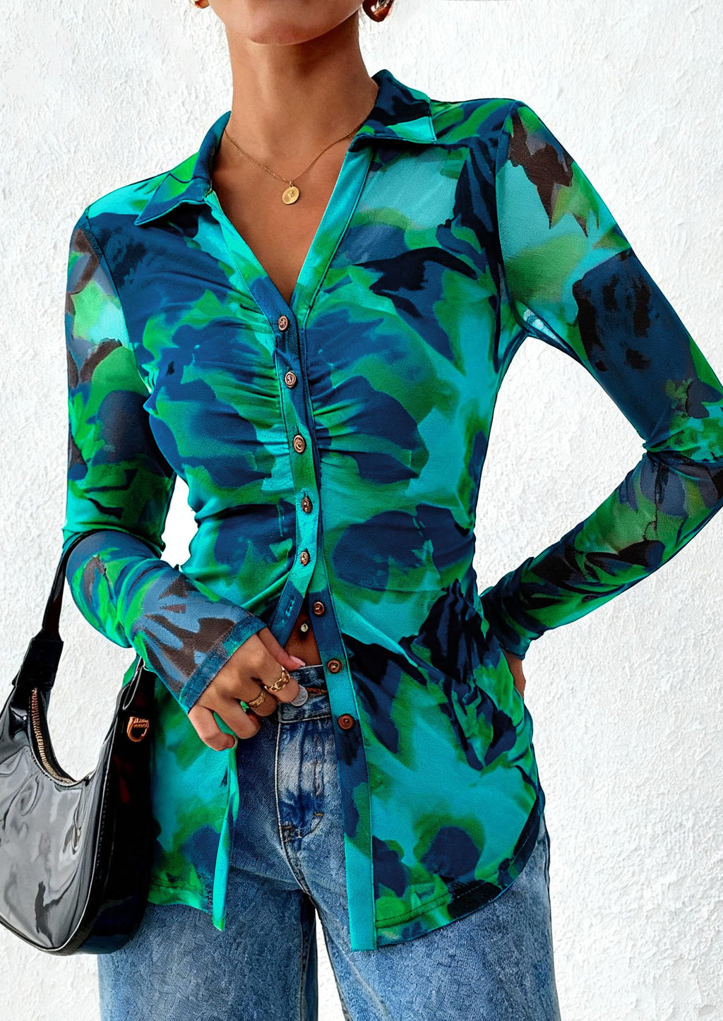 PRETTYGARDEN Women Button Down Floral Shirts 2026 Fall Trendy Long Sleeve V Neck Mesh Boho Blouse Spring Tops Date Outfits (Floral Blue Green,Large)