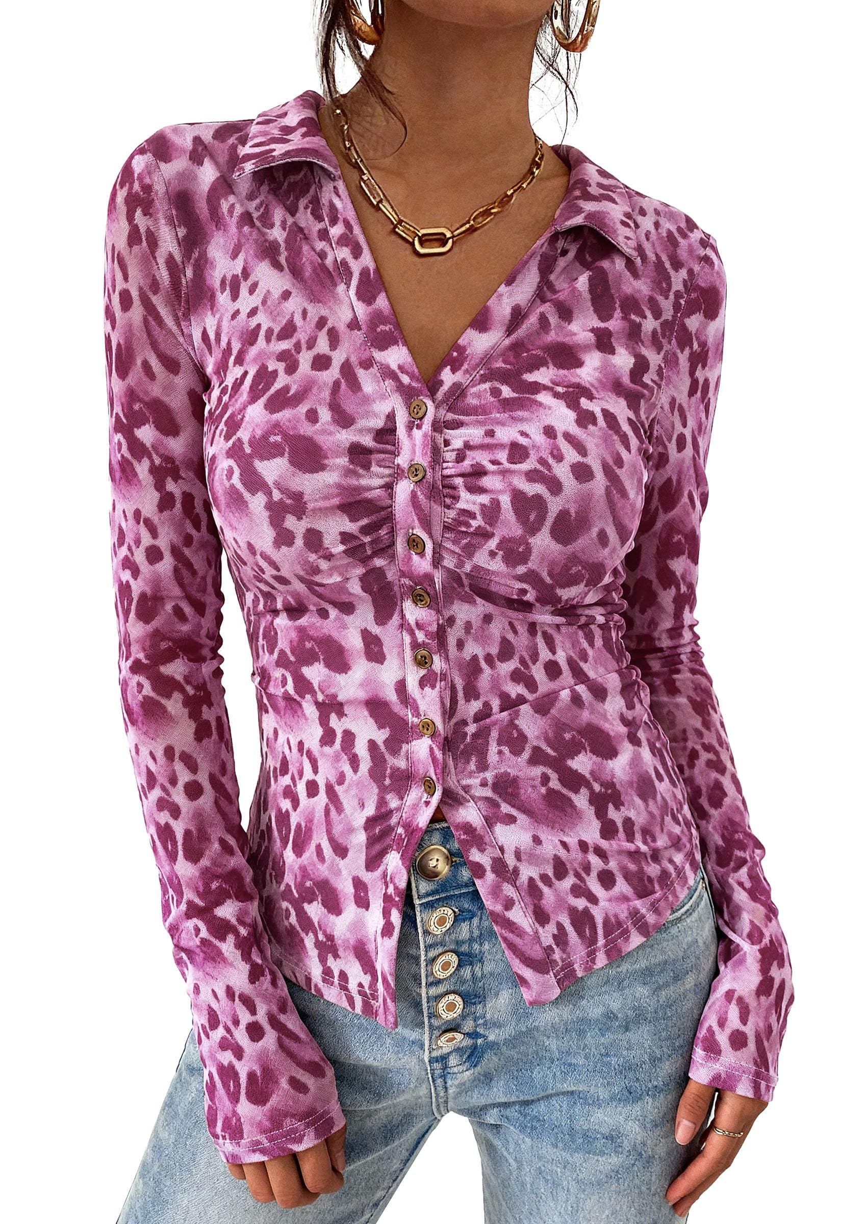 PRETTYGARDEN Women Button Down Floral Shirts 2026 Fall Trendy Long Sleeve V Neck Mesh Boho Blouse Spring Tops Date Outfits (Leopard Purple,Large)