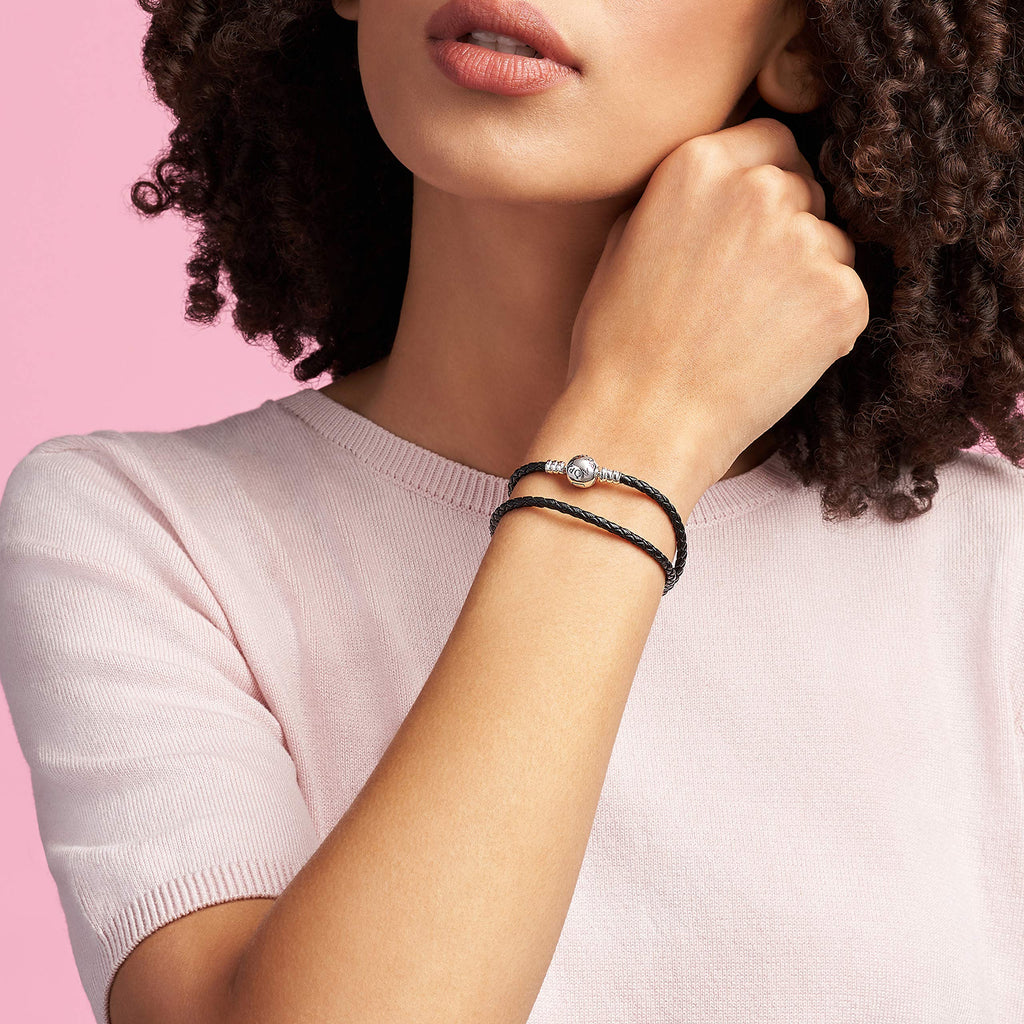 PANDORA Moments Double Woven Leather Bracelet with Sterling Silver Clasp - Compatible Moments Charms - Charm Bracelet for Women - Gift for Her - Black, 15.0"