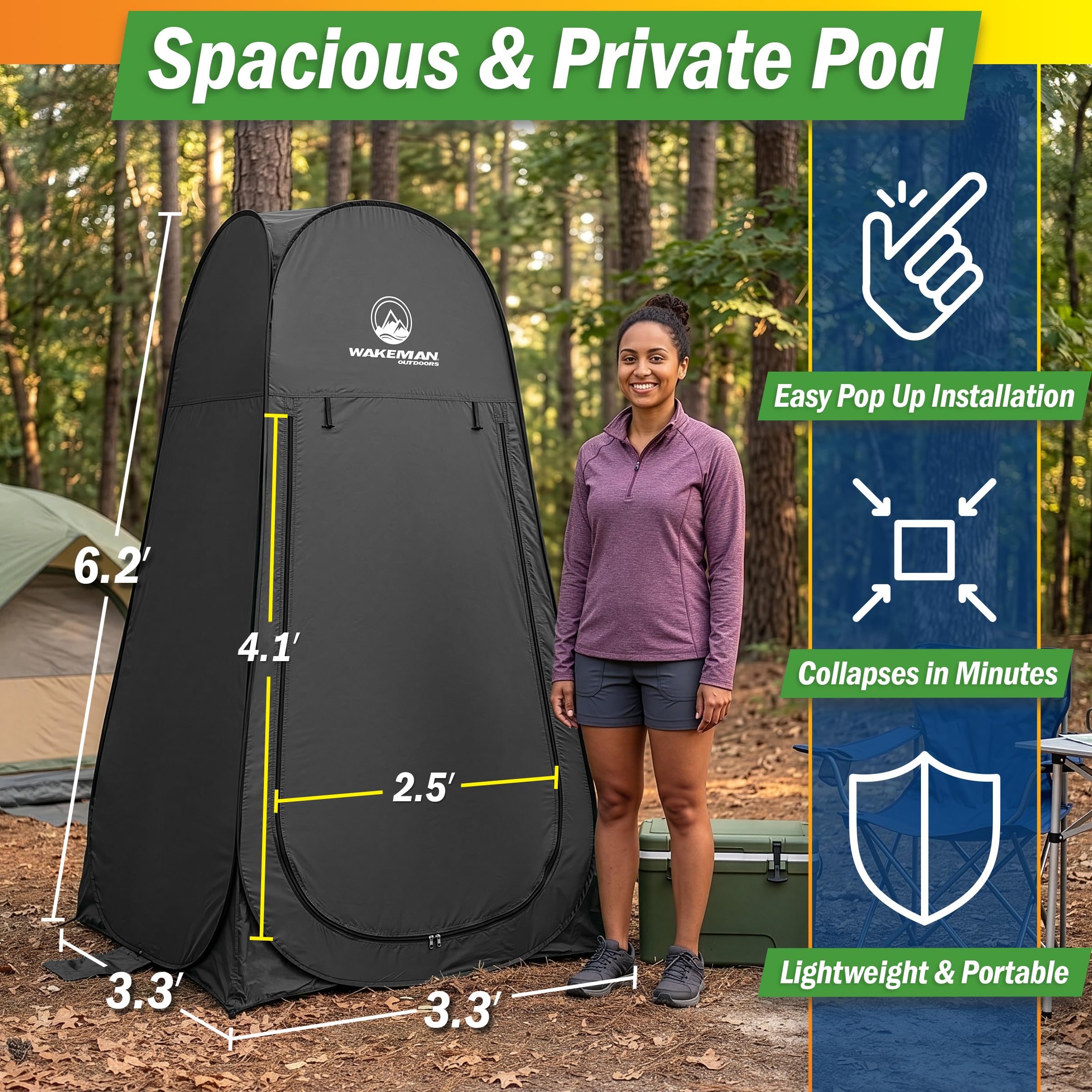 Pop Up Pod - Privacy Shower Tent, Dressing Room, or Portable Toilet Stall with Carry Bag for Camping, Beach, or Tailgate by Wakeman Outdoors (Black)