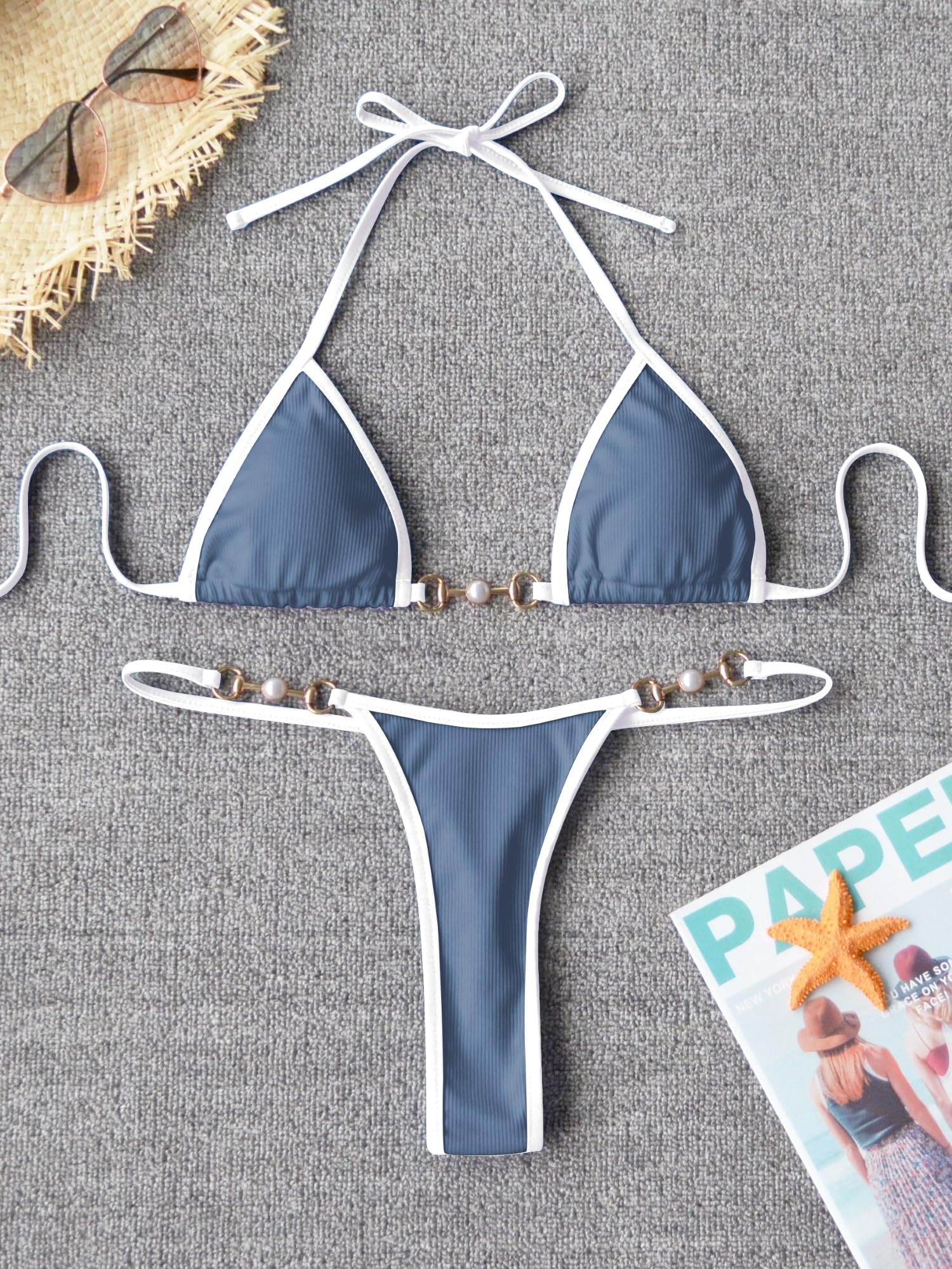 TASHEHE Women's Triangle Thong Bikini Set Sexy Brazillian Two Piece Swimsuit String Bathing Suit - Blue Nova/White - Small