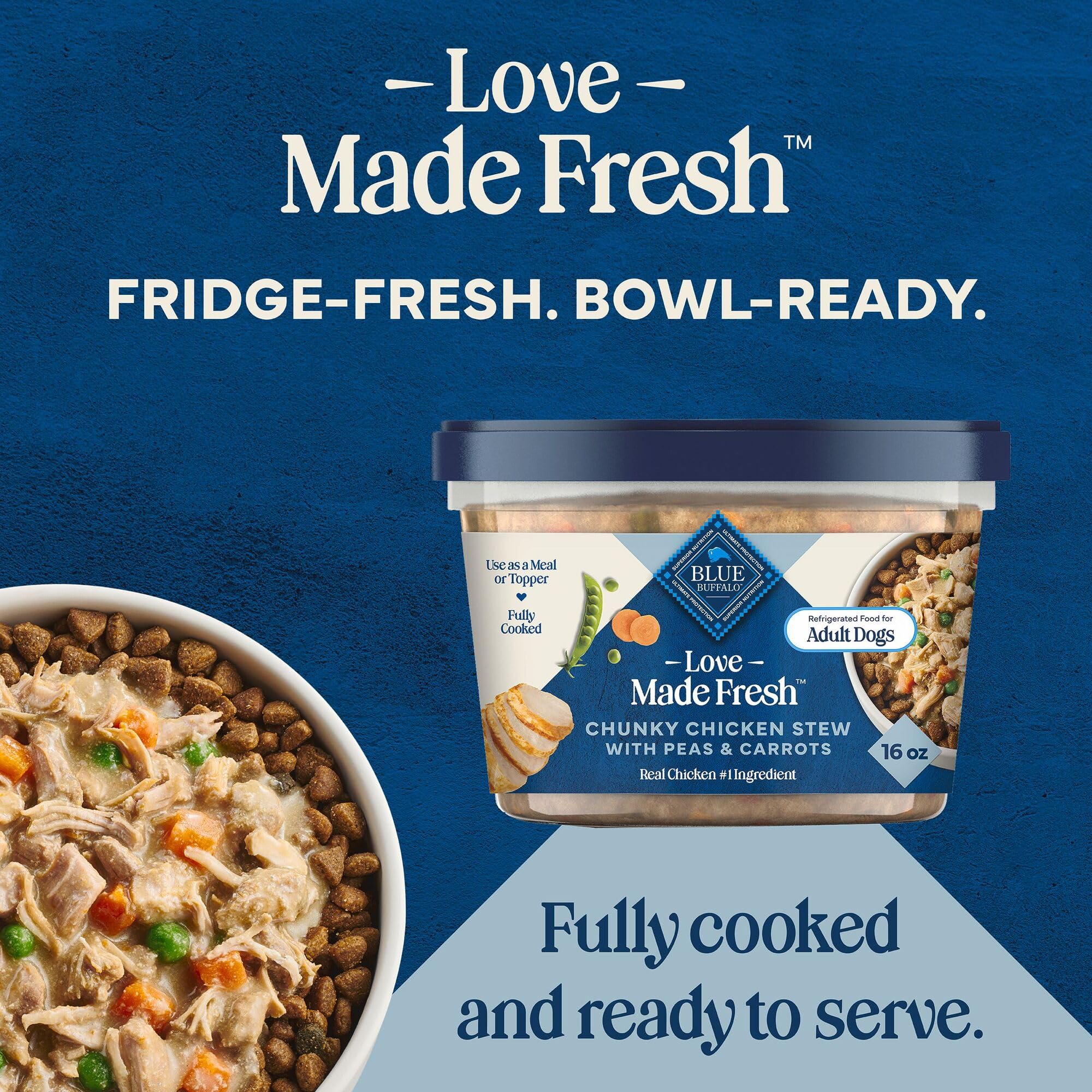 Blue Buffalo Love Made Fresh Natural Adult Dog Food, Refrigerated, Chunky Chicken Stew with Carrots and Peas, Fresh Dog Food, Ready-to-Serve, 1-lb Tub