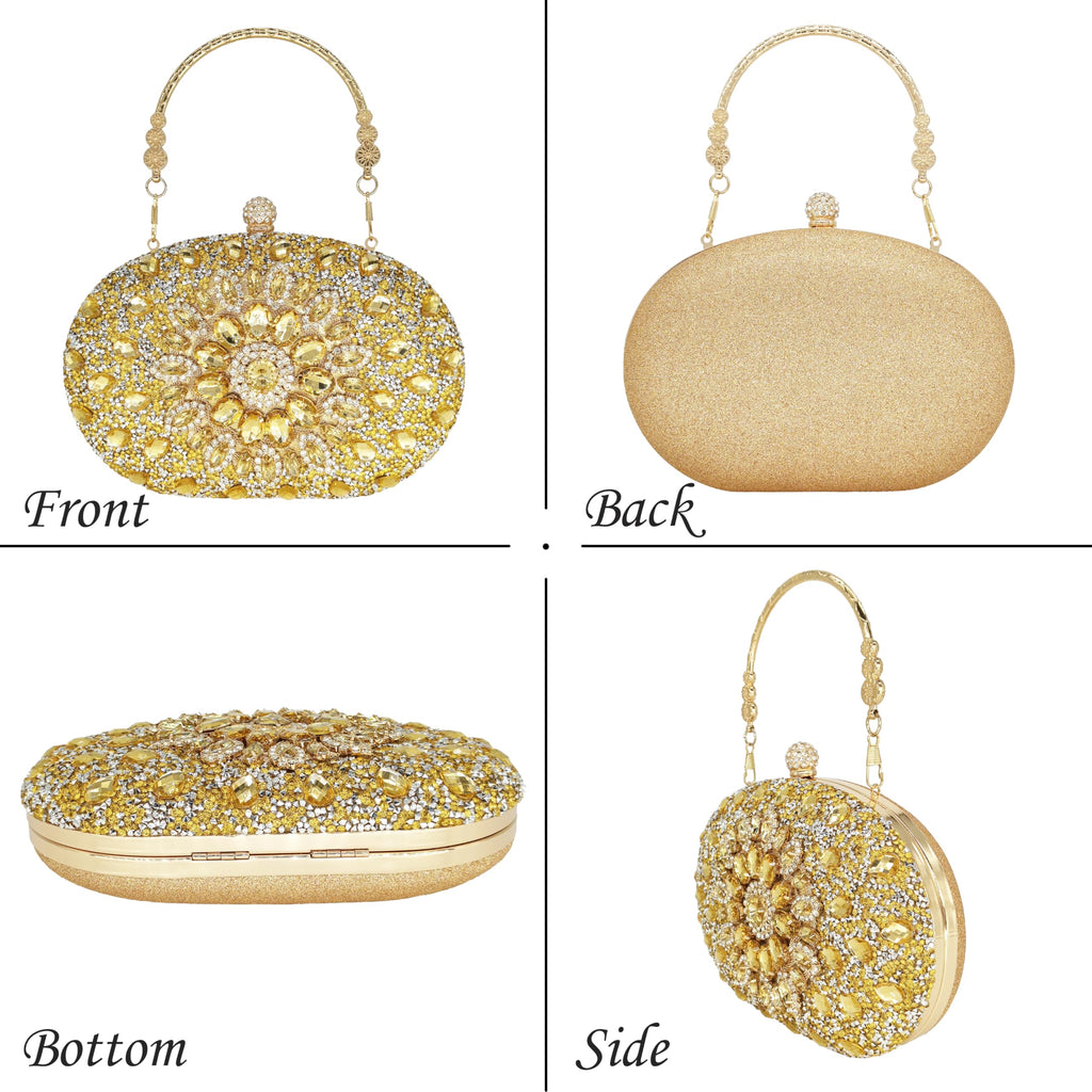 MAIRLOM Rhinestone Clutch Purses for Women Evening Wedding Formal - Round Pearl Clasp Handbag Crystal Gemstone Bag for Party Prom(Gold Clutch)