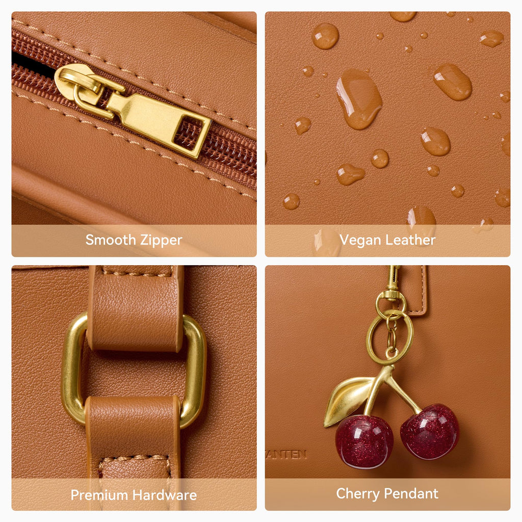 BOSTANTEN Shoulder Bag for Women Vegan Leather Purse with Cherry Charm Medium Handbag with Zipper for Daily Use, Brown