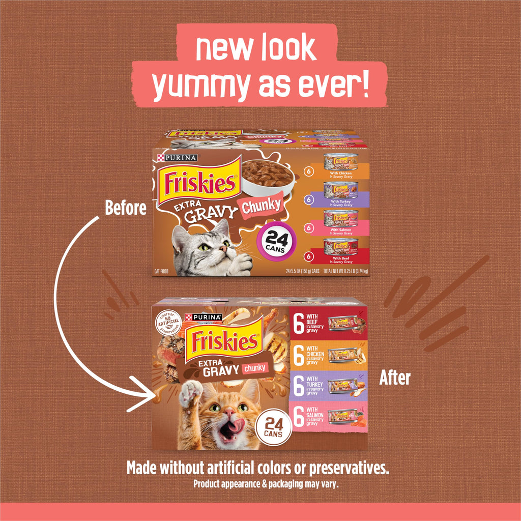 Friskies Purina Extra Gravy Wet Cat Food Chunky Variety Pack (with Chicken,Turkey,Salmon,Beef) - 5.5 oz. Cans,(Pack of 48)