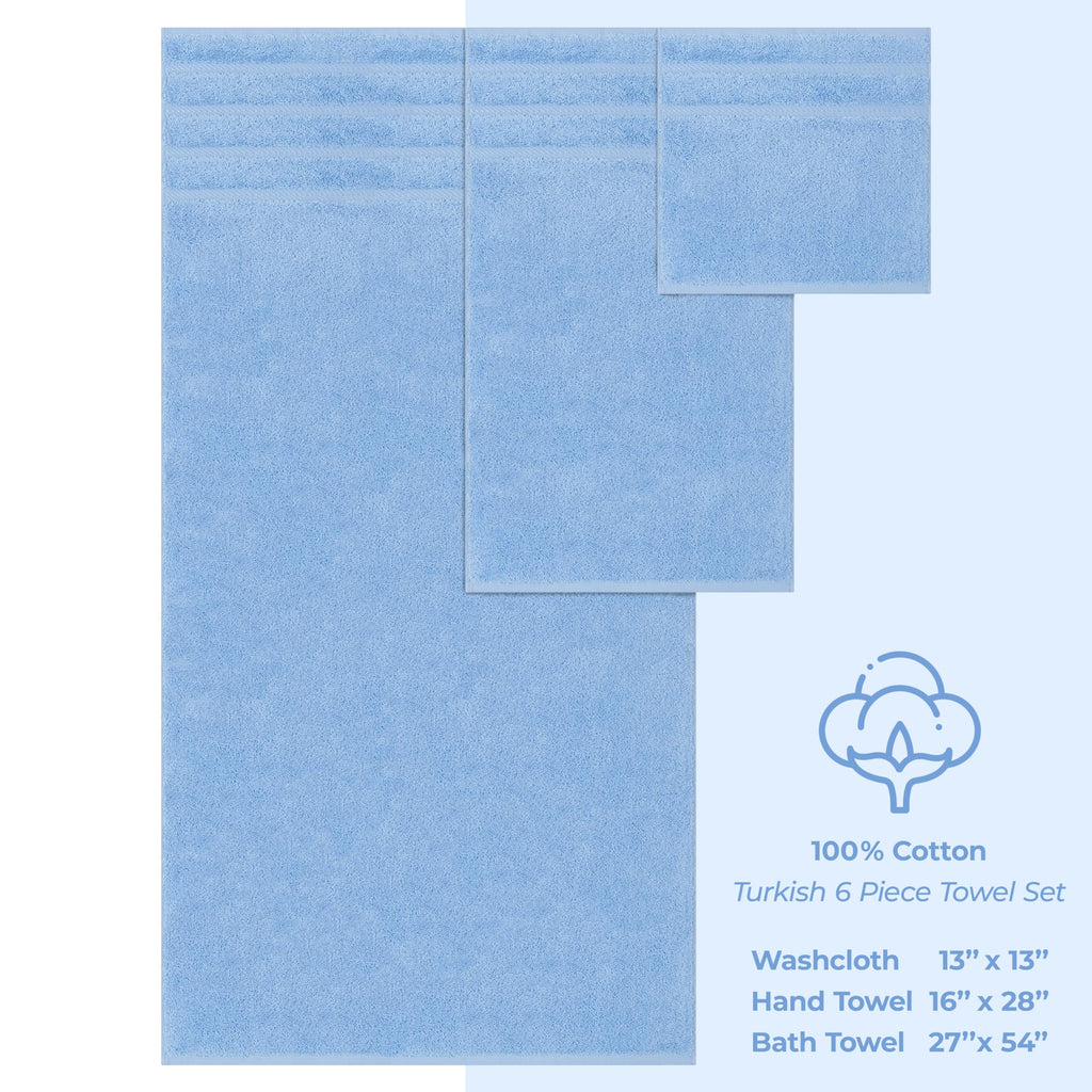 American Soft Linen Luxury 6 Piece Towel Set, 2 Bath Towels 2 Hand Towel 2 Washcloths, 600 GSM 100% Cotton Turkish Towels for Bathroom, Sky Blue Towel Sets