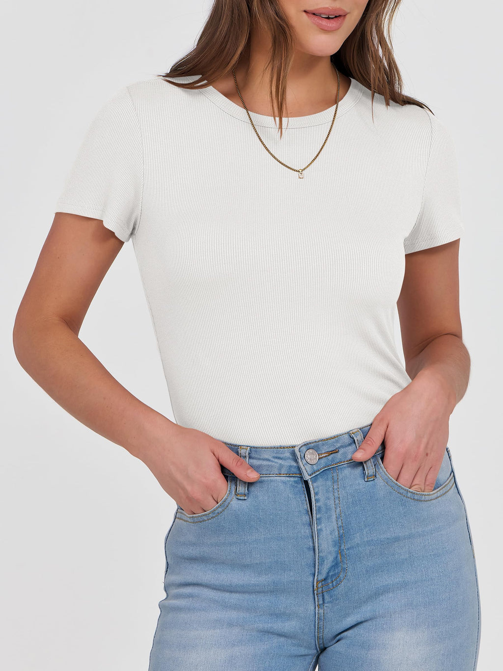 ANRABESS Women Short Sleeve Crewneck Ribbed Knit Slim Fitted Shirts Summer Tops Basic Tee Casual 2026 Spring Outfits Clothes White Large