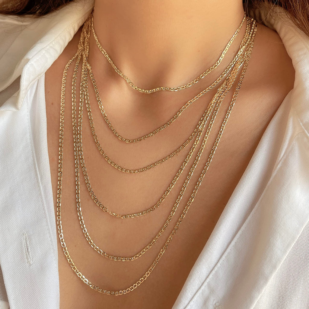 JEWELHEART 14K Real Gold Flat Mariner Chain - 2.4mm Diamond Cut Anchor Link Chain Necklace For Men - Dainty Yellow Gold Pendant Necklace For Women with Lobster Clasp 18"