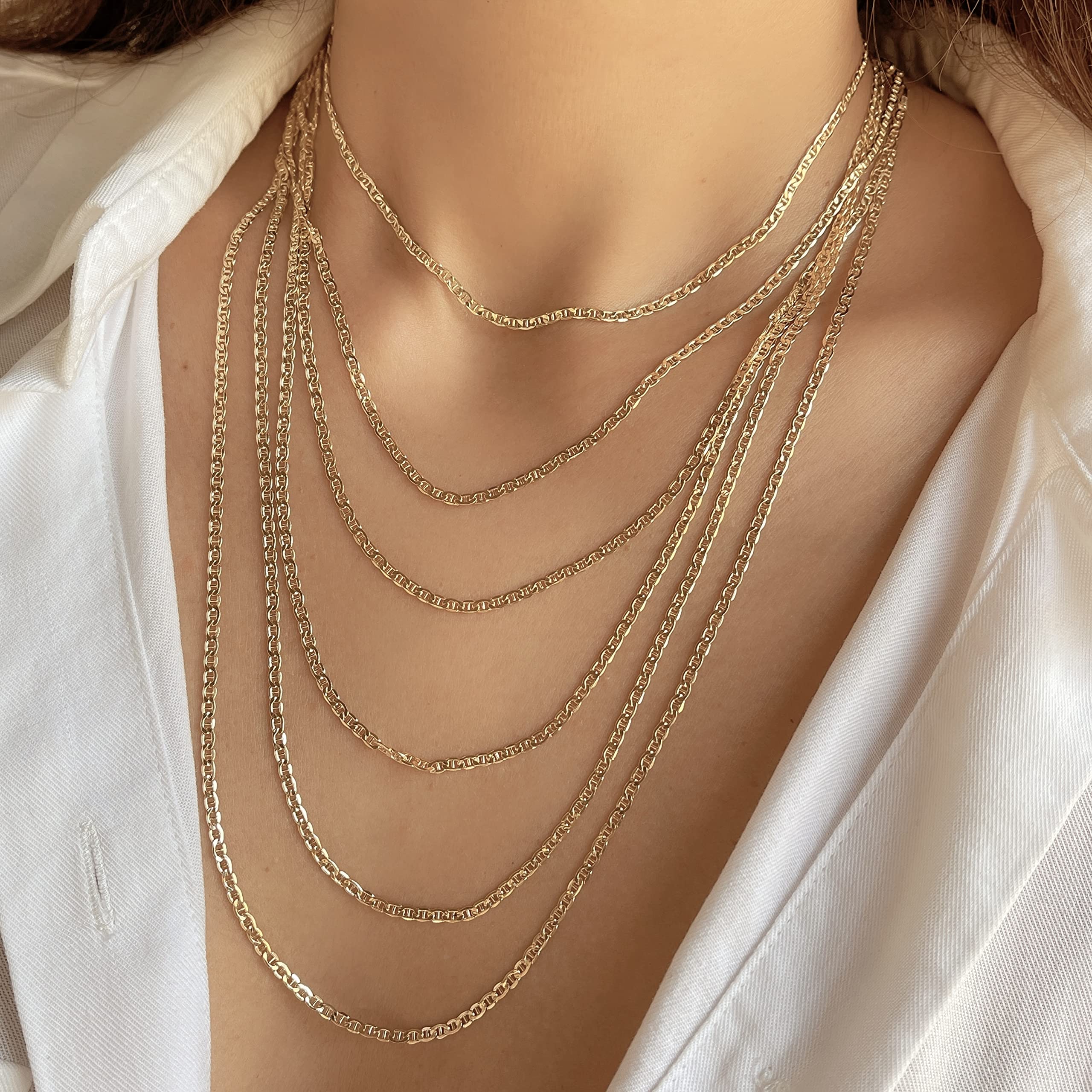 JEWELHEART 14K Real Gold Flat Mariner Chain - 2.4mm Diamond Cut Anchor Link Chain Necklace For Men - Dainty Yellow Gold Pendant Necklace For Women with Lobster Clasp 18"