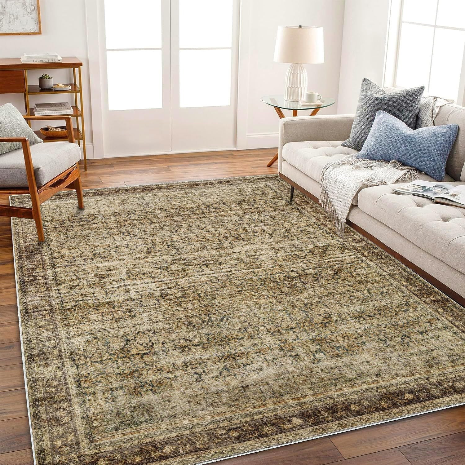 CHAMPLANT Area Rug 9x12 Washable Brown Vintage Traditional Mat Distressed Indoor Foldable Thin Retro Accent Floral Non Slip Carpet for Living Room Dining Room Office