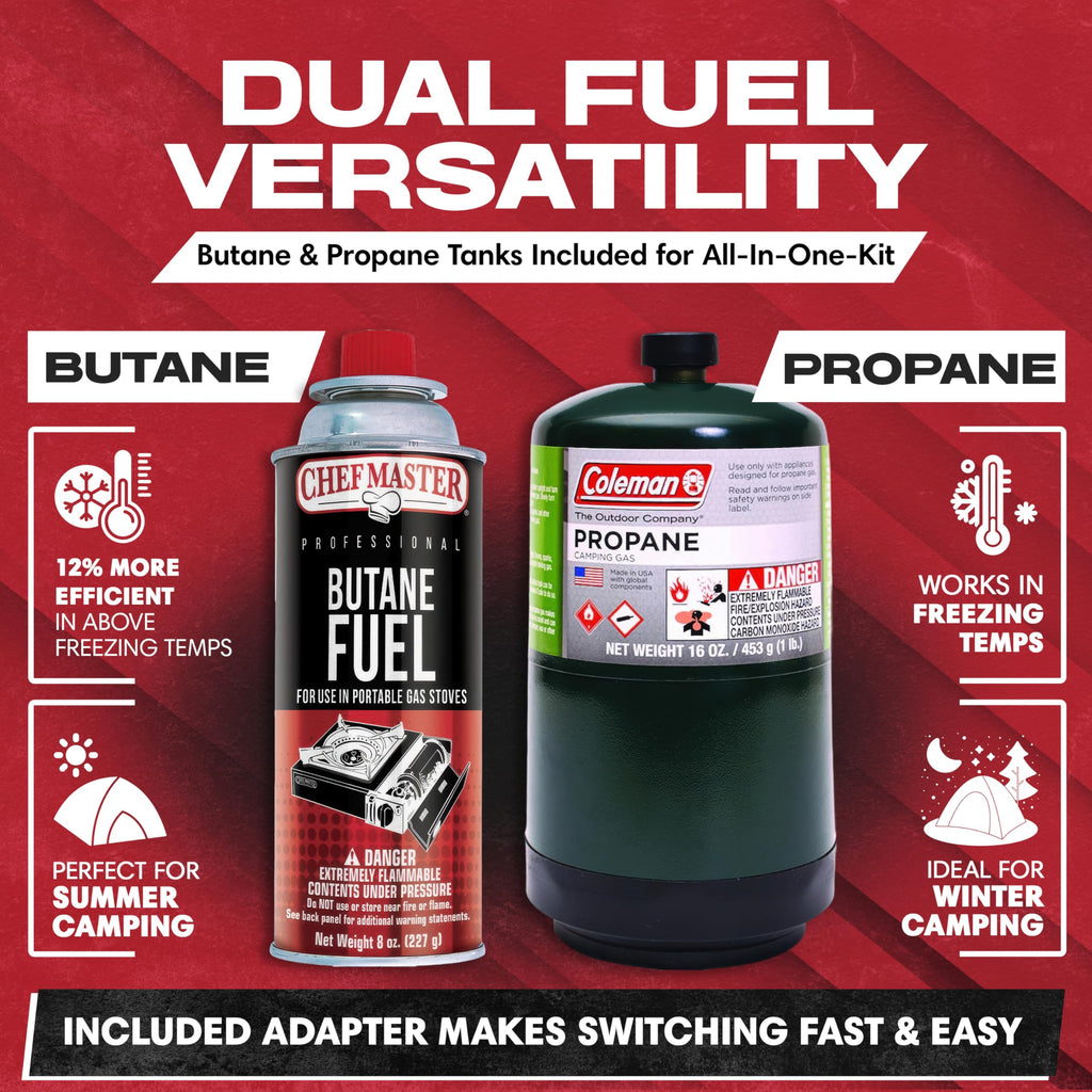 Grill Boss Dual Fuel Camp Stove w/ 4x 8oz Butane Canisters - 12,000 BTU Butane & Propane Portable Stove for Camping, Emergencies, BBQ, Hiking & Backpacking - Double Wind Guard, Piezo Ignition - 90057