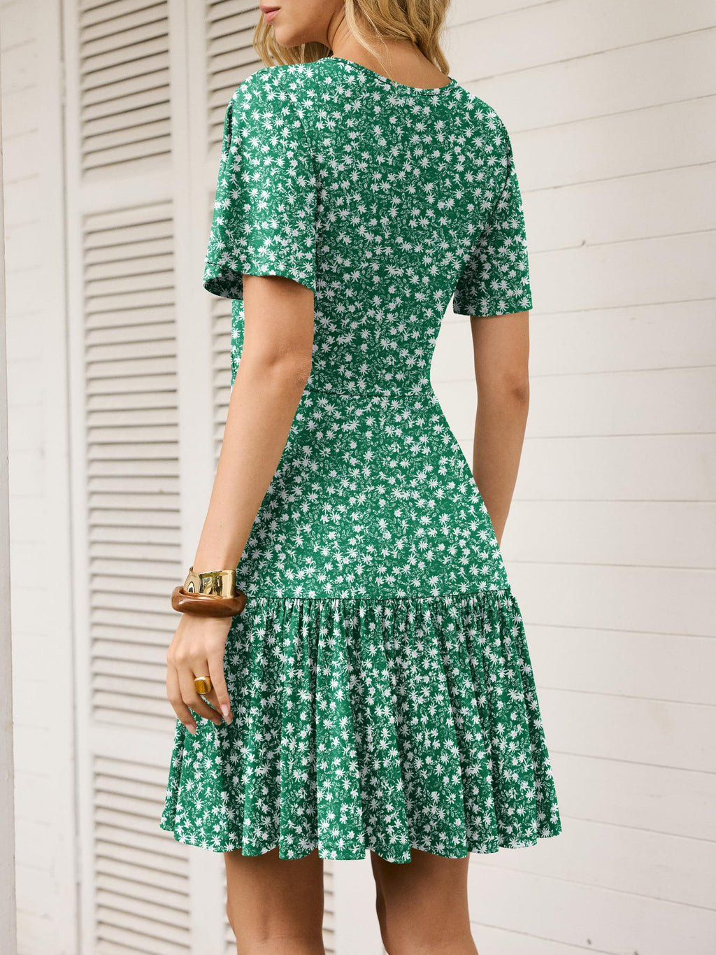 ANRABESS Womens Summer Dresses Short Sleeve Wrap V Neck A-Line Floral Mini Dress Spring Causal Boho Beach Vacation Sundress Green White Floral L
