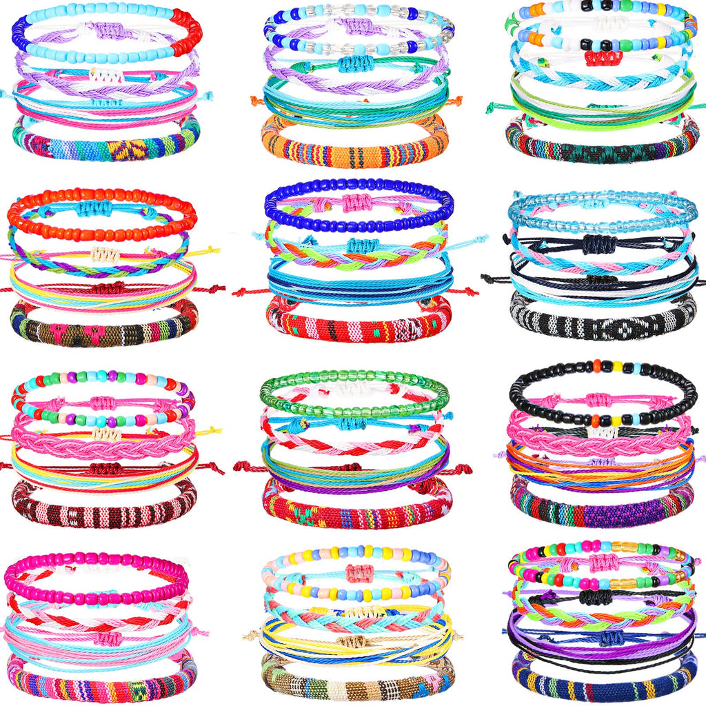 Remerry 48 Pieces Handmade Friendship Bracelets Bulk Boho Adjustable Woven Braided Bracelets for Women Men Colorful Beaded Bracelet Stacking Elastic Beaded Anklet Jewelry for Concert Party Summer Gift