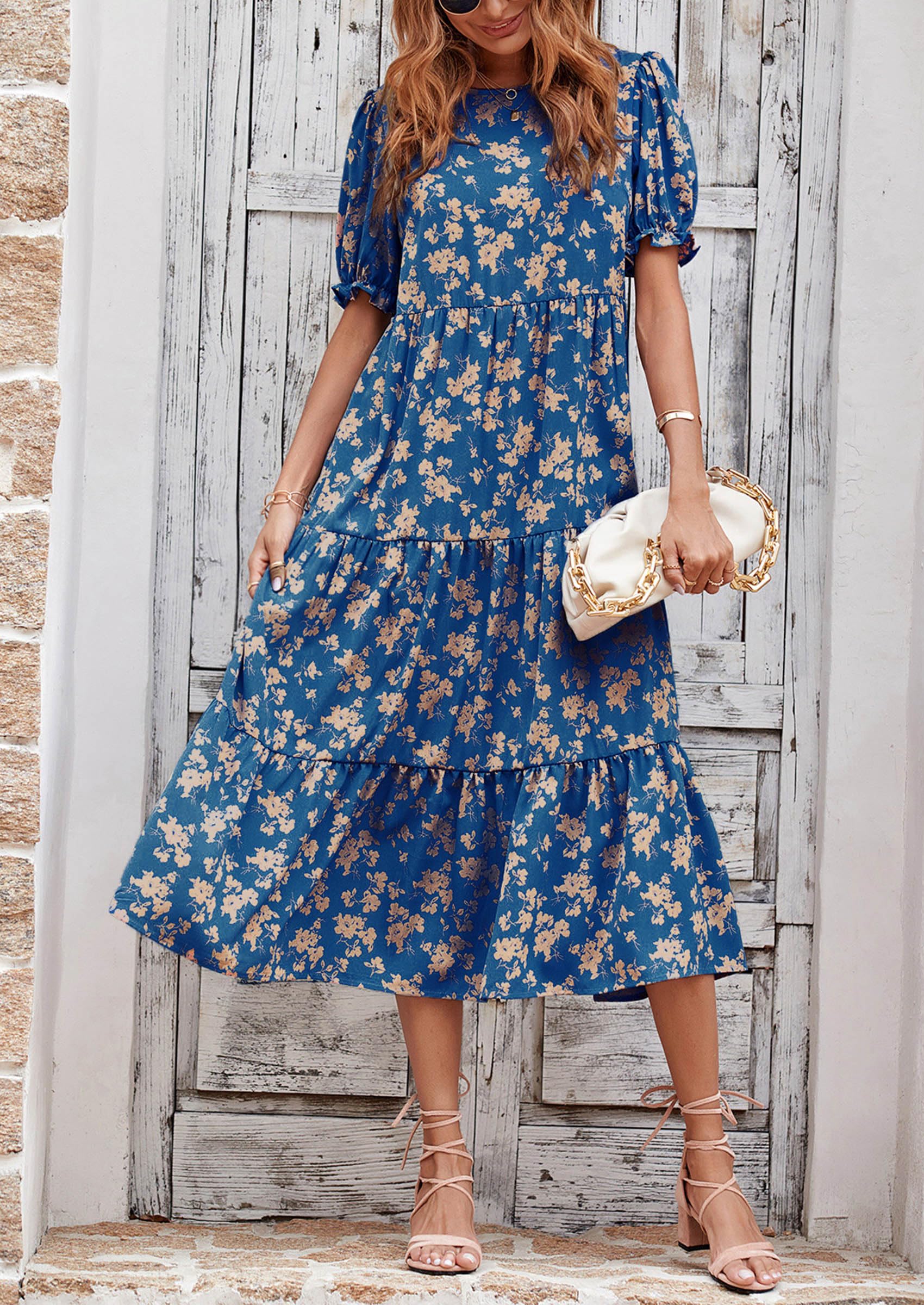 PRETTYGARDEN Summer Dresses for Women 2025 Casual Floral Boho Midi Sun Dress Puff Short Sleeve Flowy Beach Vacation Sundress (Blue Apricot,Medium)