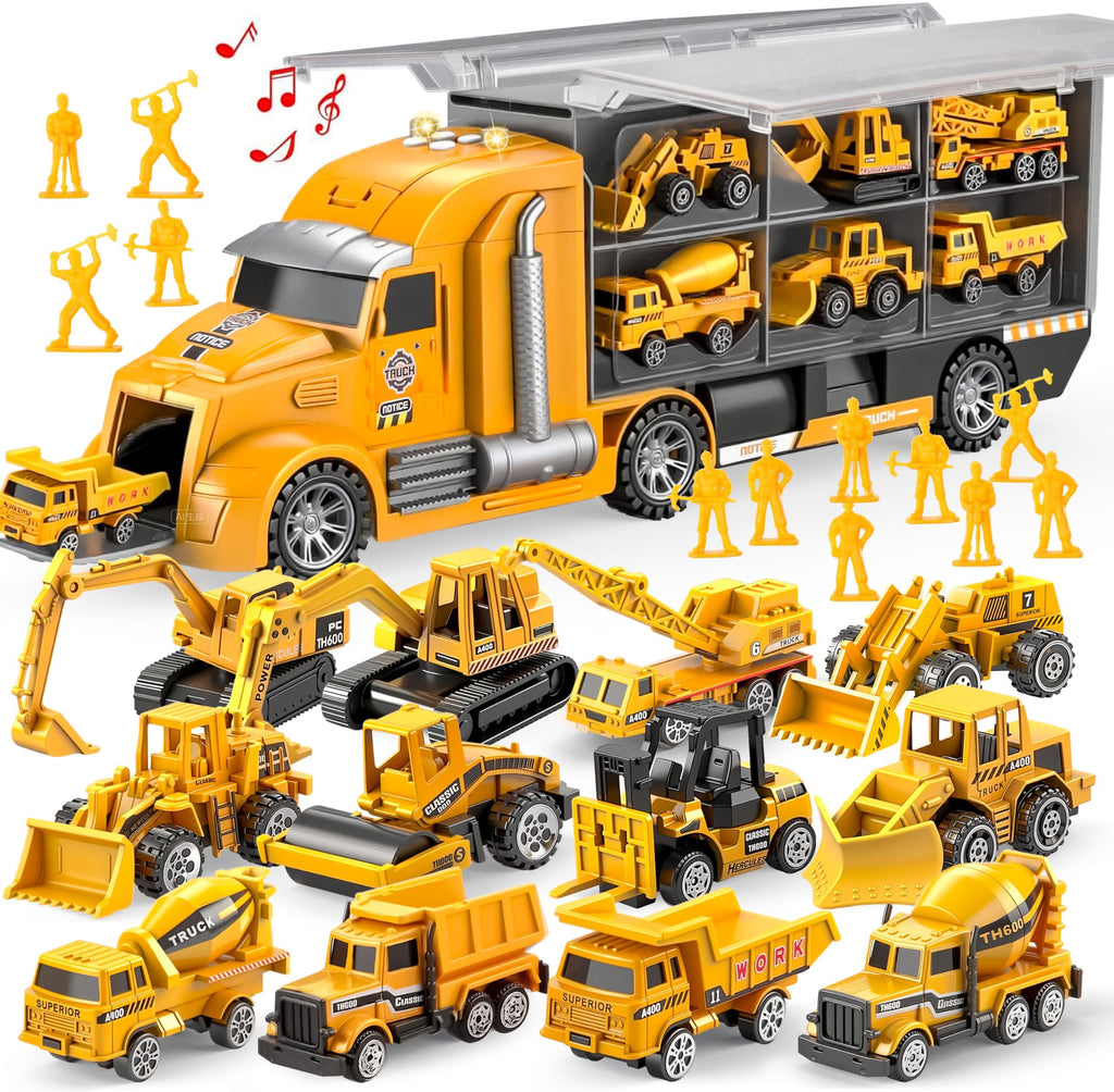 JOYIN 25 in 1 Kids Construction Truck Toy Set, 24Pcs Push and Go Cars and Worker Figures, Toddler Play Vehicles with Sounds and Light, Christmas Birthday Gifts Toys for 3 4 5 6 7 Years Old Grandkids