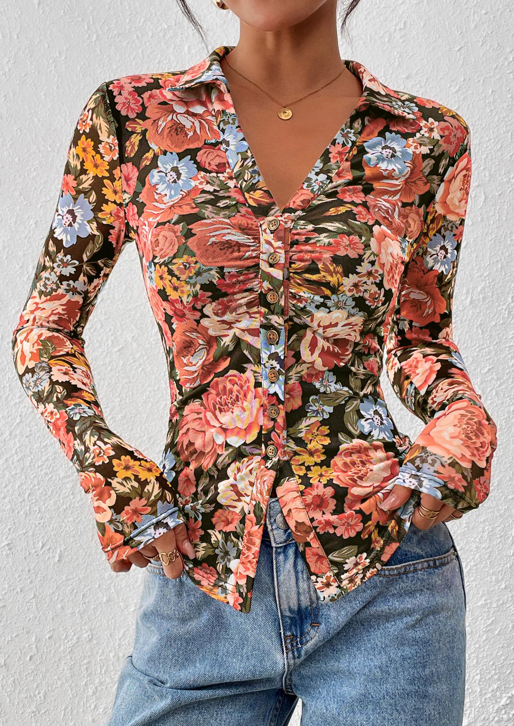 PRETTYGARDEN Women Button Down Floral Shirts 2026 Fall Trendy Long Sleeve V Neck Mesh Boho Blouse Spring Tops Date Outfits (Black Floral,Large)