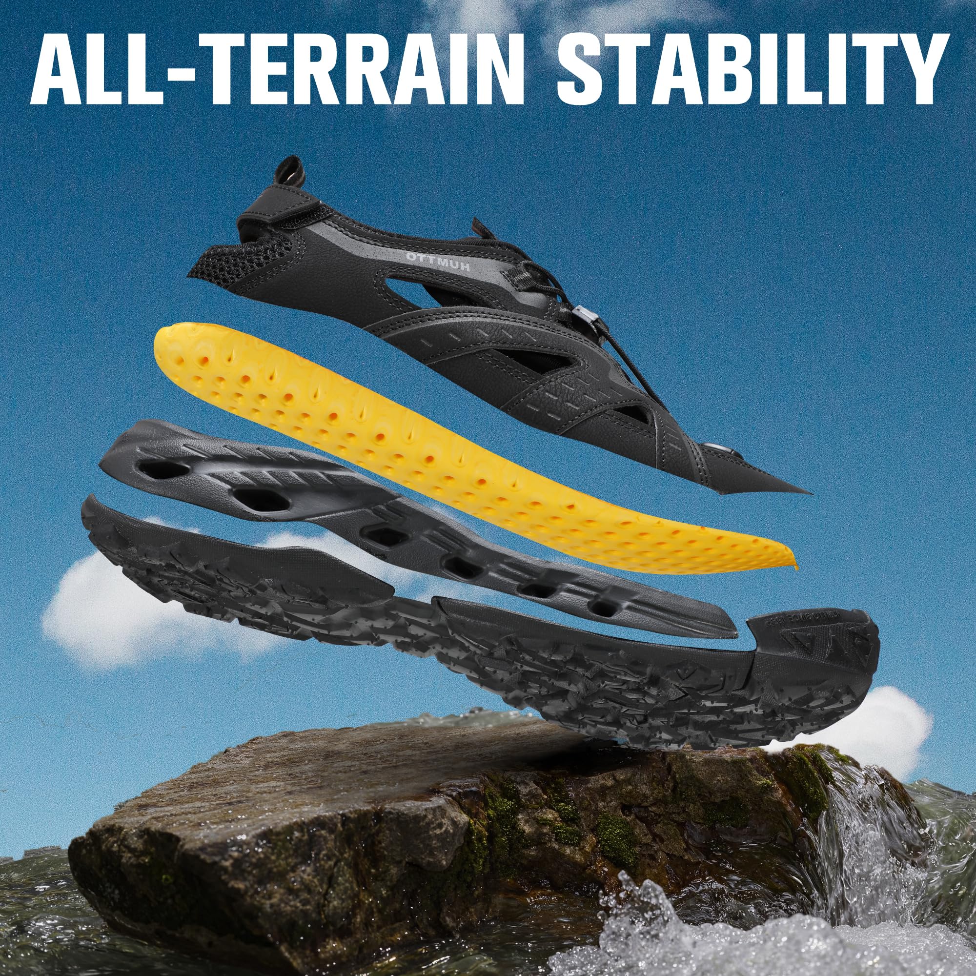 HUMTTO Men's Amphibious Closed Toe Hiking Sandals Quick-Dry Water Shoes Non-Slip Athletic Adjustable Outdoor Fisherman Beach Summer Walking Travel Shoe 10.5 Black