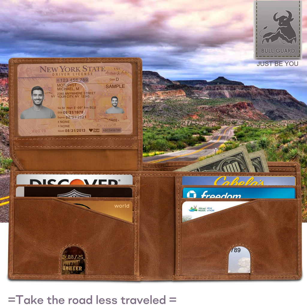Mens Leather Wallet Bifold with ID Window and RFID Blocking Secure and Durable Extra Capacity Billfold with 11 Credit Cards In Wild Buck Tan