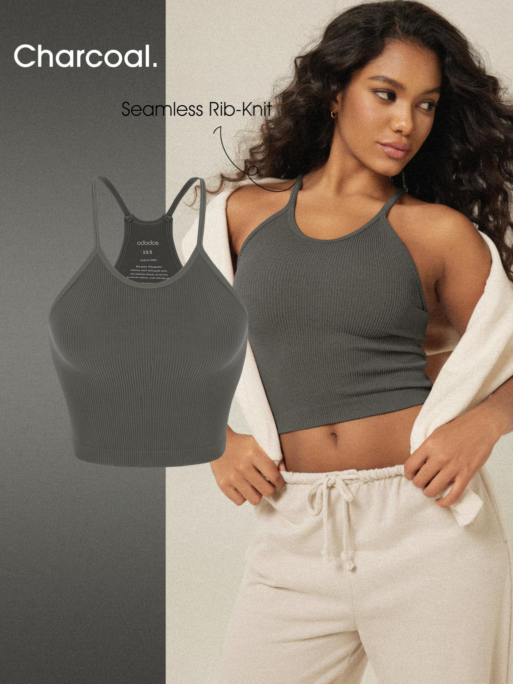 ODODOS Women's Crop Camisole 3-Pack Seamless Rib-Knit Crop Tank Tops, Long Crop, White+Charcoal+Mushroom, Medium/Large