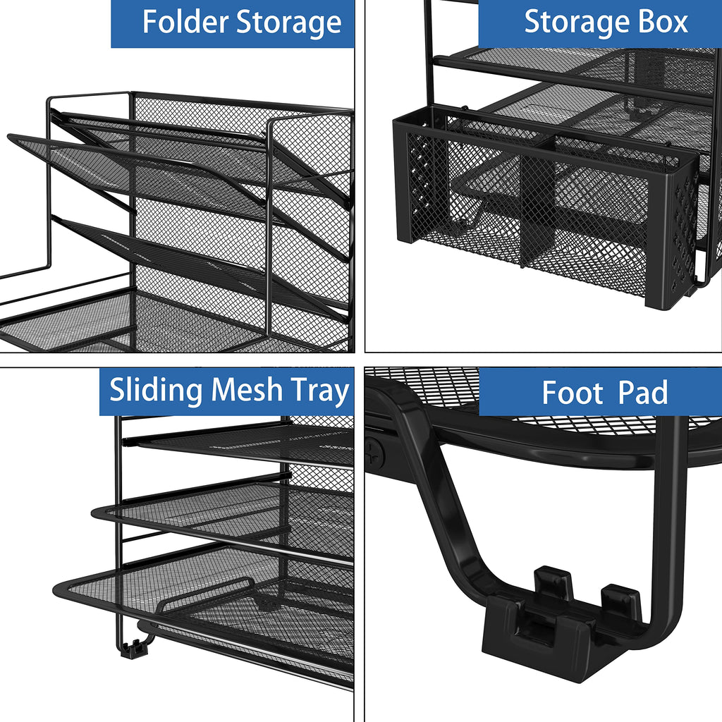 Simple Trending 7 Tier Desk File Organizer, Letter Tray Paper Organizer with Pen Holder and Metal Hanging Basket, Black