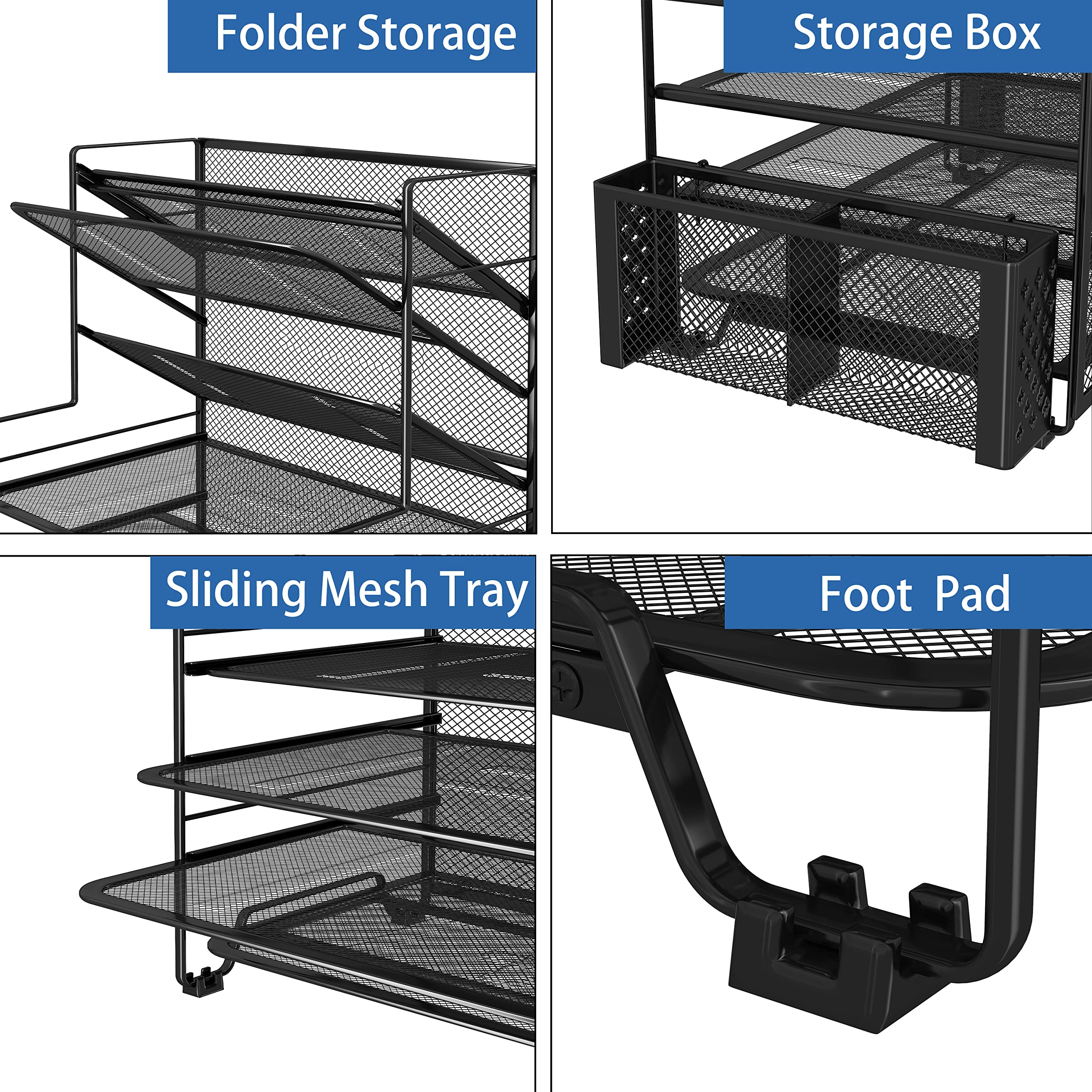 Simple Trending 7 Tier Desk File Organizer, Letter Tray Paper Organizer with Pen Holder and Metal Hanging Basket, Black