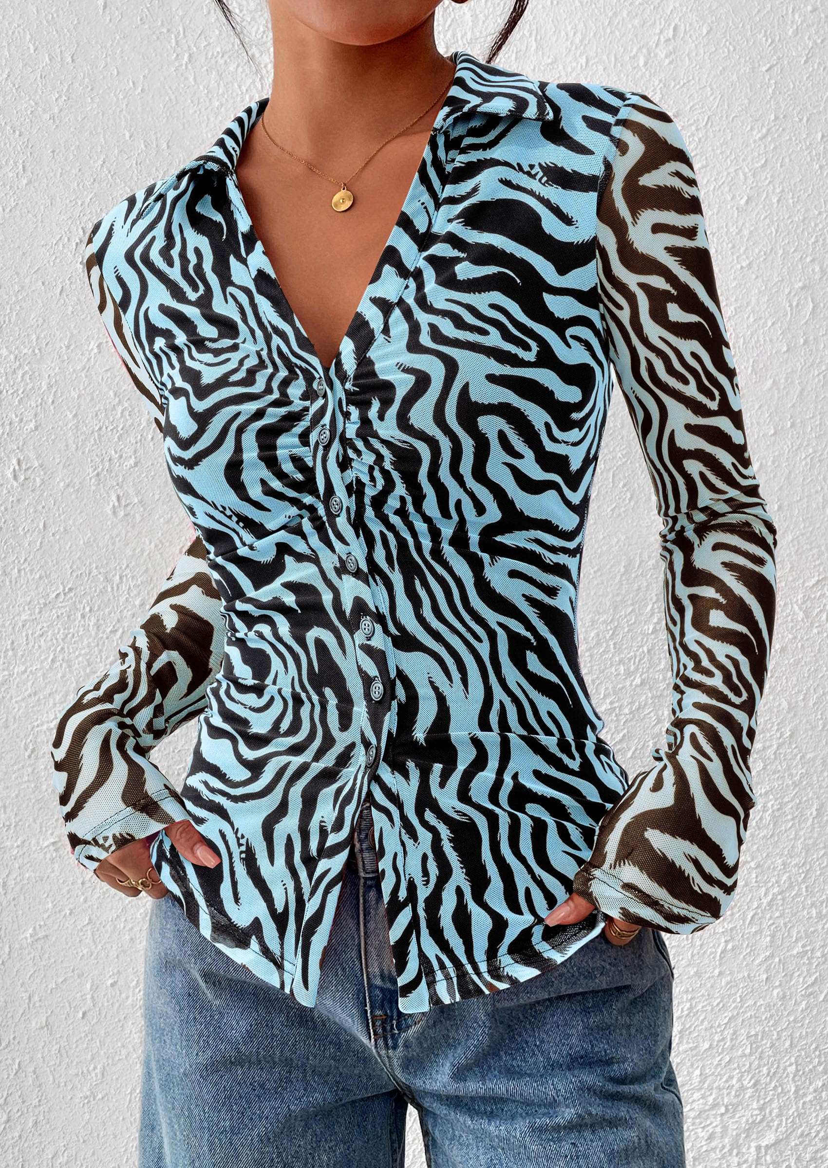 PRETTYGARDEN Women Button Down Floral Shirts 2026 Fall Trendy Long Sleeve V Neck Mesh Boho Blouse Spring Tops Date Outfits (Zebra Blue Black,Large)