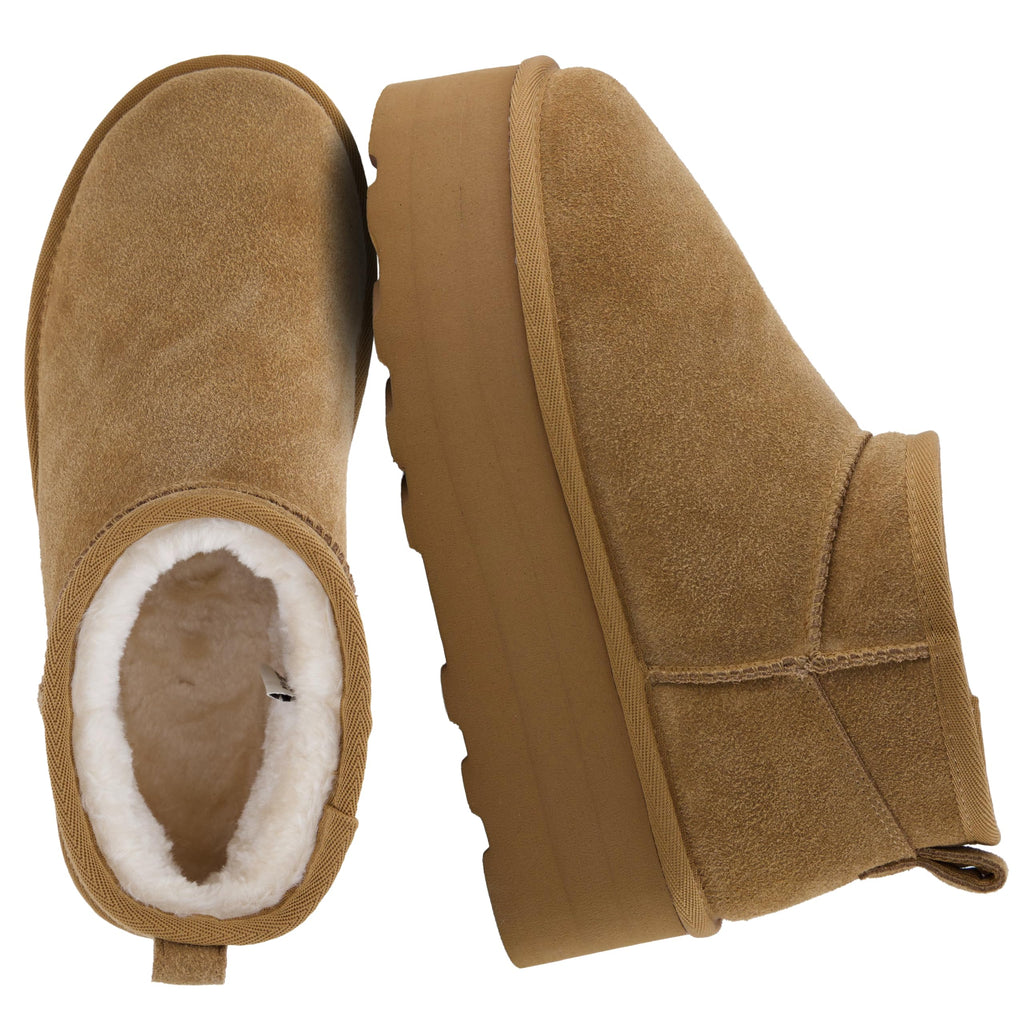 CUSHIONAIRE Hippy Women’s Platform Ankle Boots – Genuine Suede, Faux Fur Lining, Cozy Winter Slip-On Design Mini boots, CHESTNUT 7