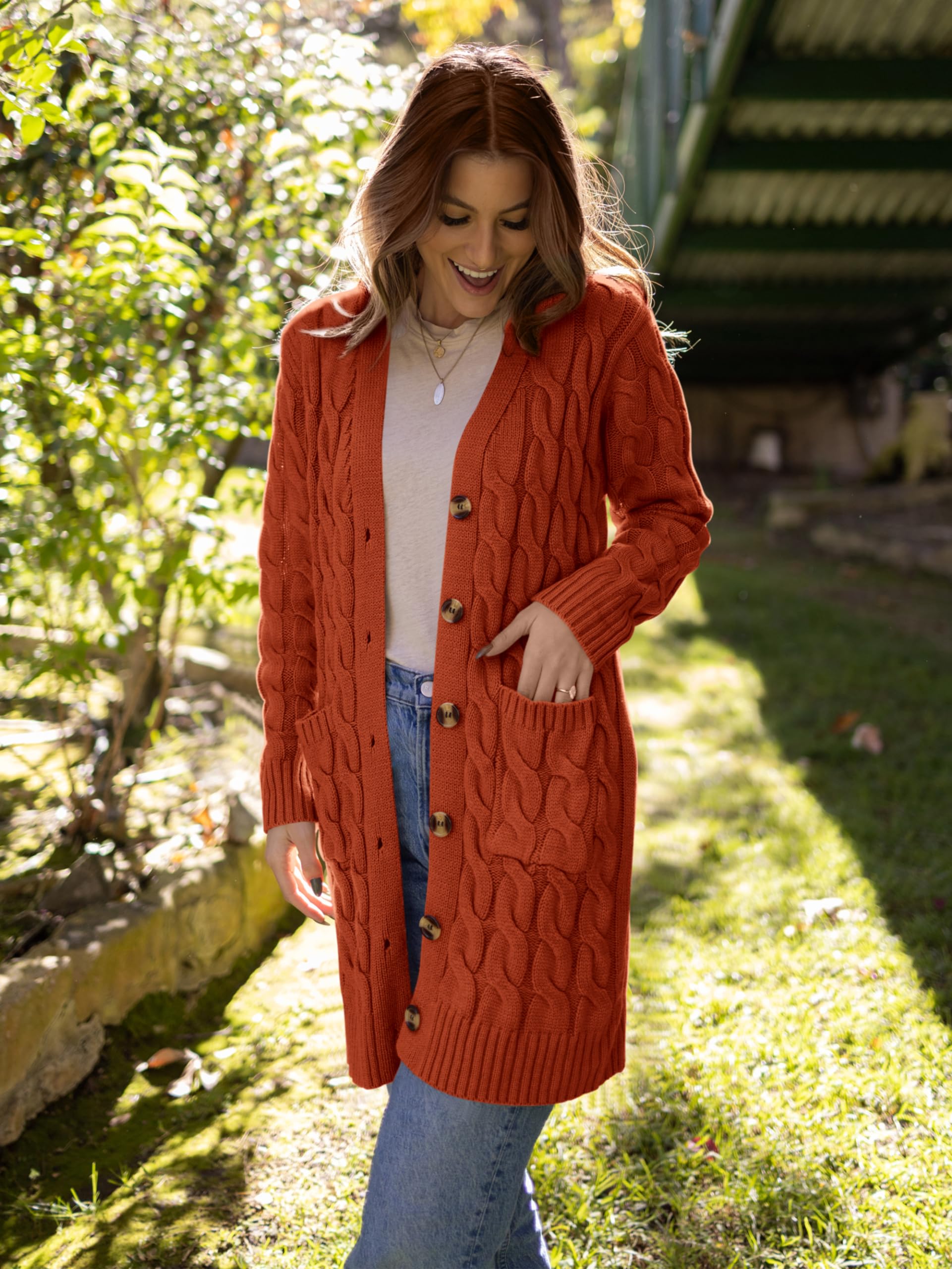 PRETTYGARDEN Long Sleeve Cable Knit Long Cardigan for Women 2026 Spring Winter Chunky Open Front Button Sweaters with Pockets(Caramel,Small)