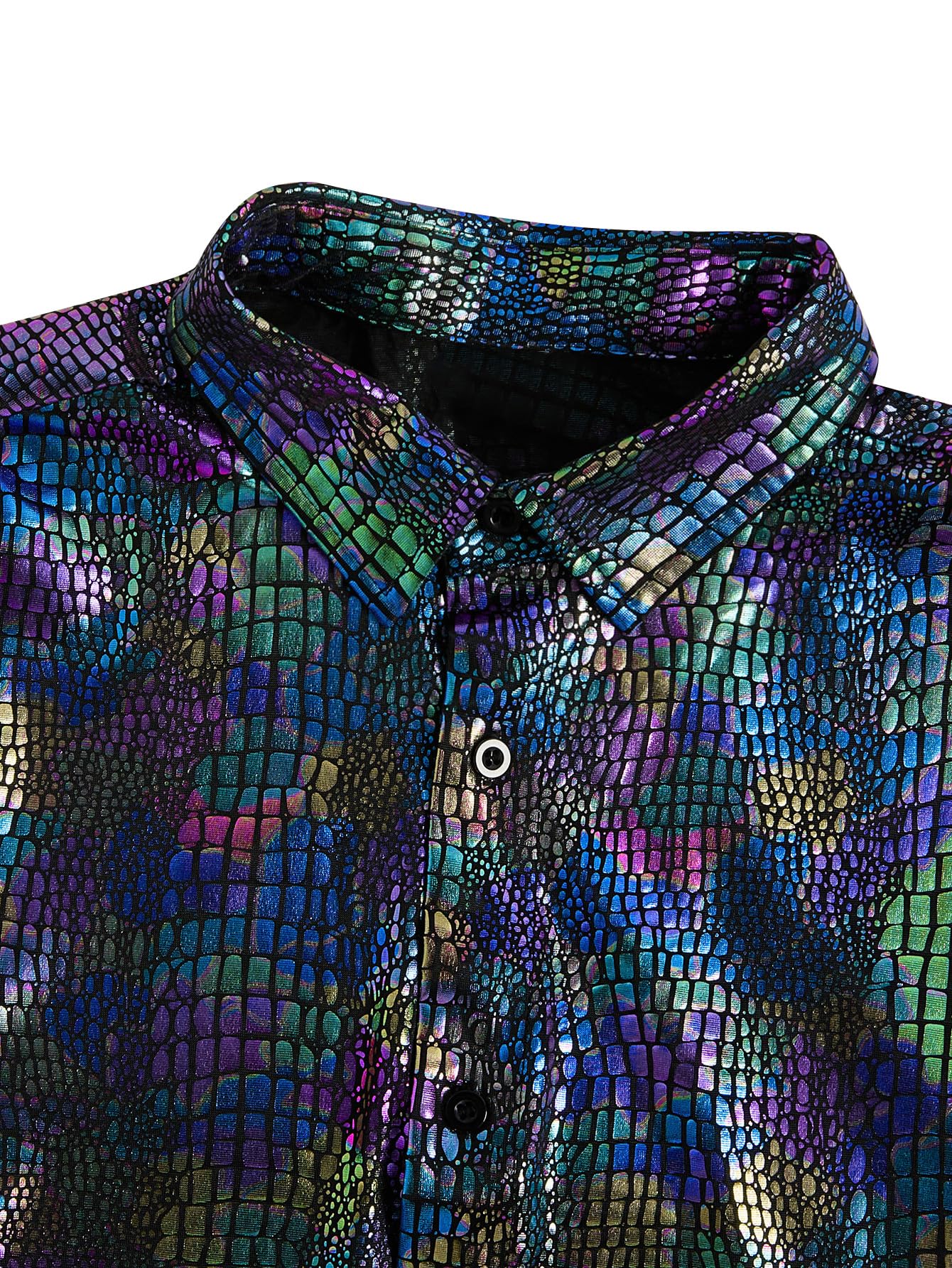 WDIRARA Men's 70s Sparkly Disco Top Crocodile Pattern Metallic Rave Button Down Shirt Short Sleeve Party T Shirt Multicolor Medium