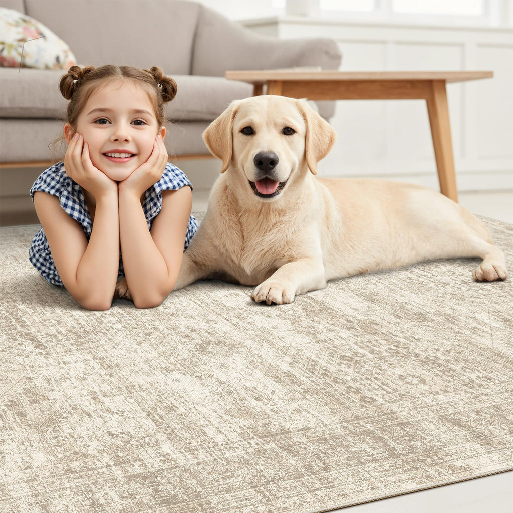 Soalmost Washable Area Rug 8x10, Large Soft Rugs for Living Room Vintage Beige Carpet 8x10 Area Rugs for Bedroom Dining Room Non-Slip Stain Resistant Under Table Rug