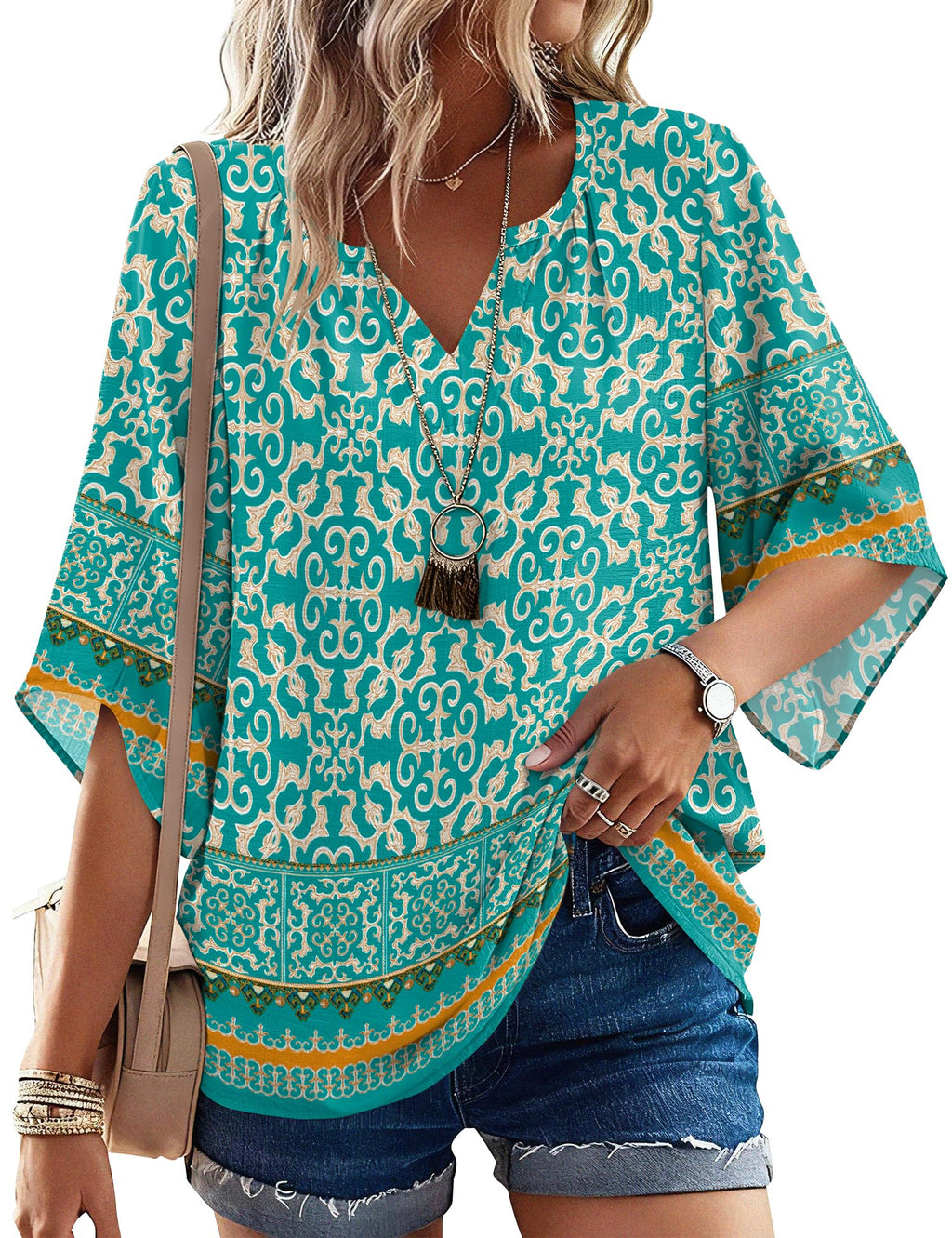 LOMON Womens Plus Size Boho Tops 3/4 Sleeve Linen Top Flowy & Dressy Casual Beach or Office Wear Blue 3XL