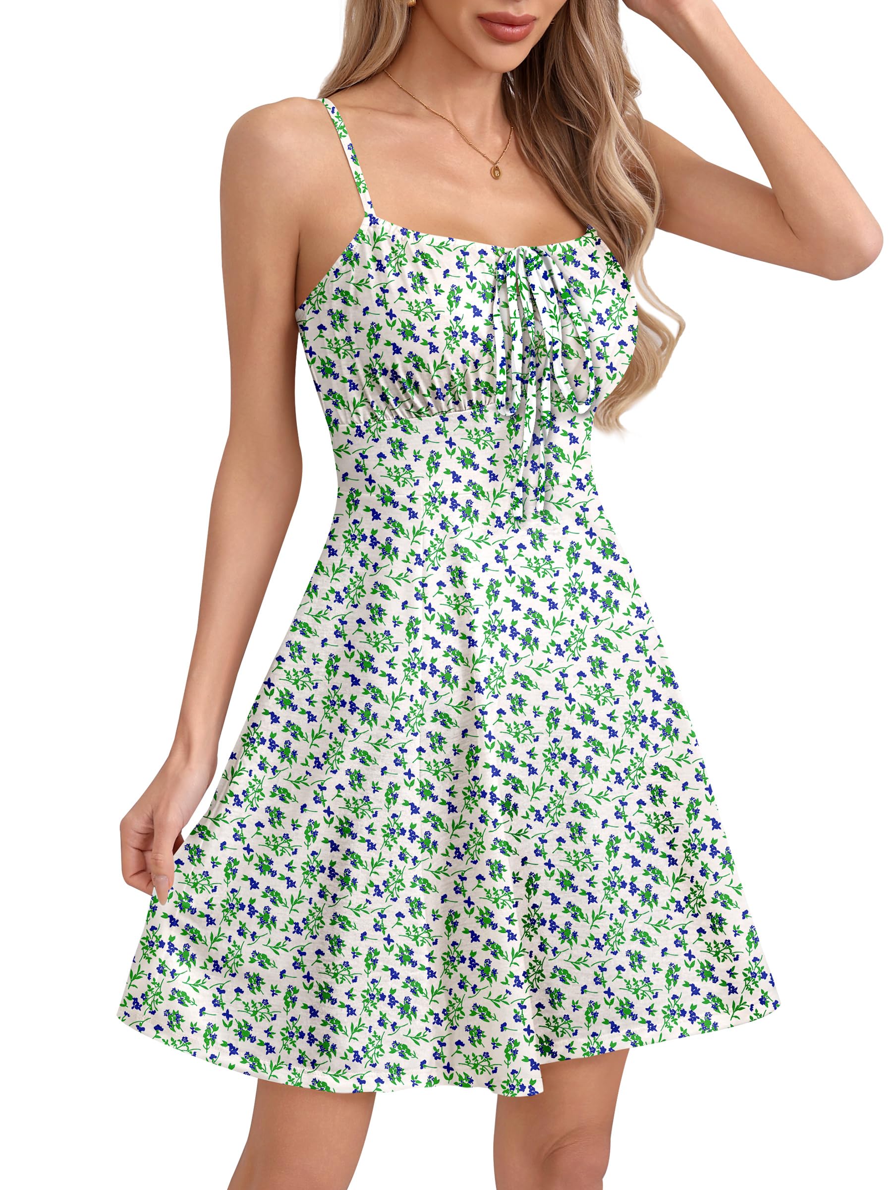 Missufe Women's Summer Floral Mini Dress Spaghetti Strap Sleeveless Tie Front A-Line Casual Beach Sundress (White, Small)