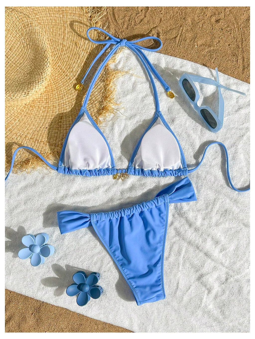 SOLY HUX Women's Halter String Bikini Sets High Cut Cheeky Thong Sexy Two Piece Swimsuits Bathing Suit Pure Blue Small