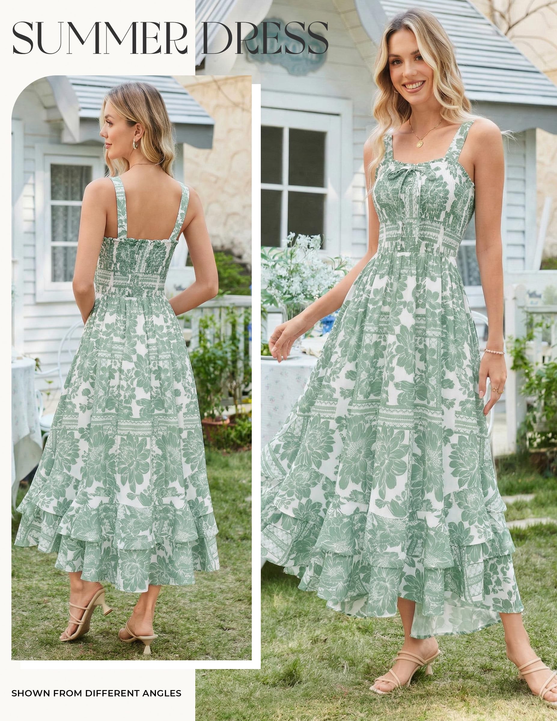 GRACE KARIN Women's 2026 Summer Floral Boho Dress Square Neck Strapped Swing A Line Sundress Beach Long Maxi Outfits White Green 2XL