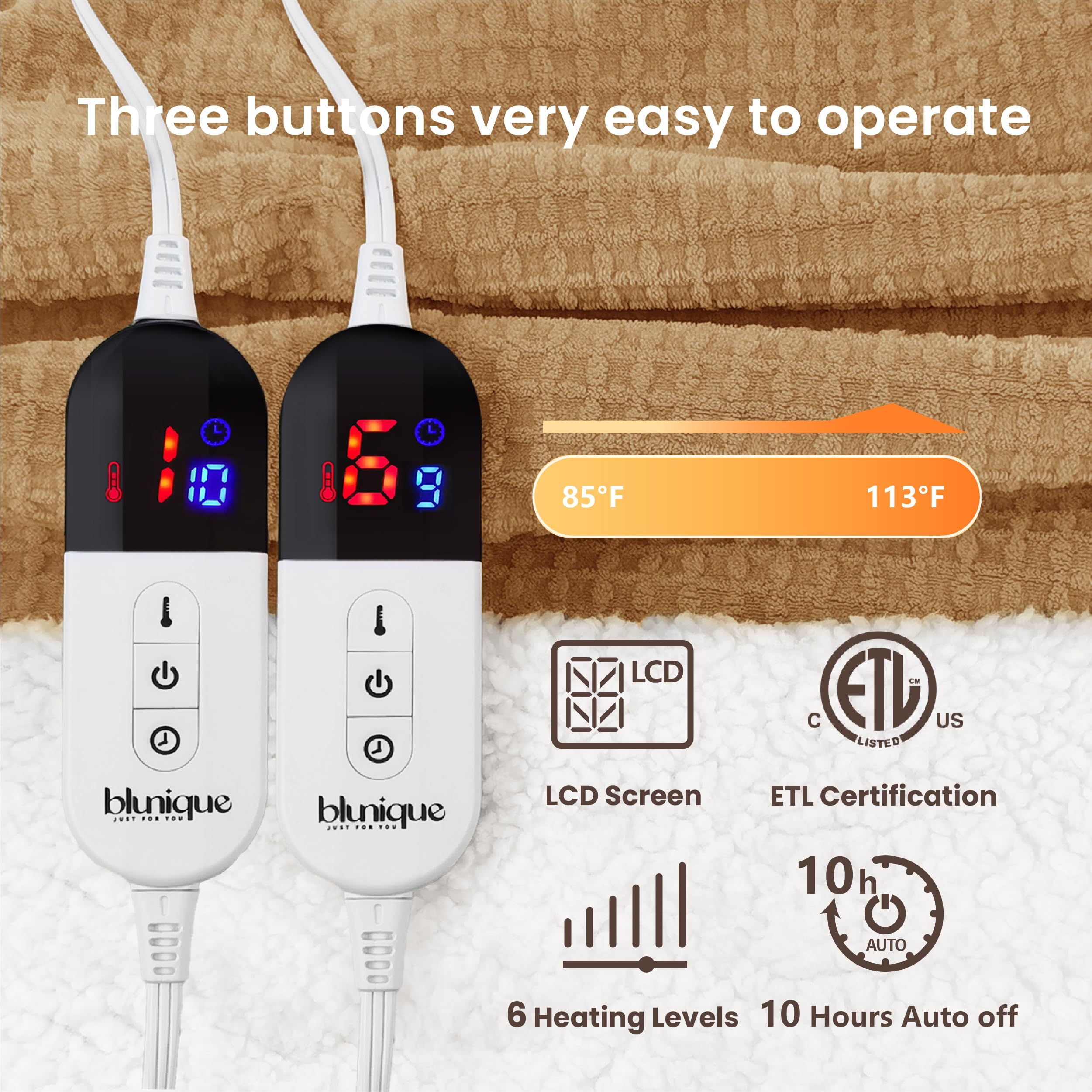blunique Heated Blanket Electric Blanket King Waffle, 90x100 Inches Dual Controllers Sherpa Fleece Fast Heating Blanket 6 Heating Levels & 10 Hours Auto Off ETL Certification, Caramel King