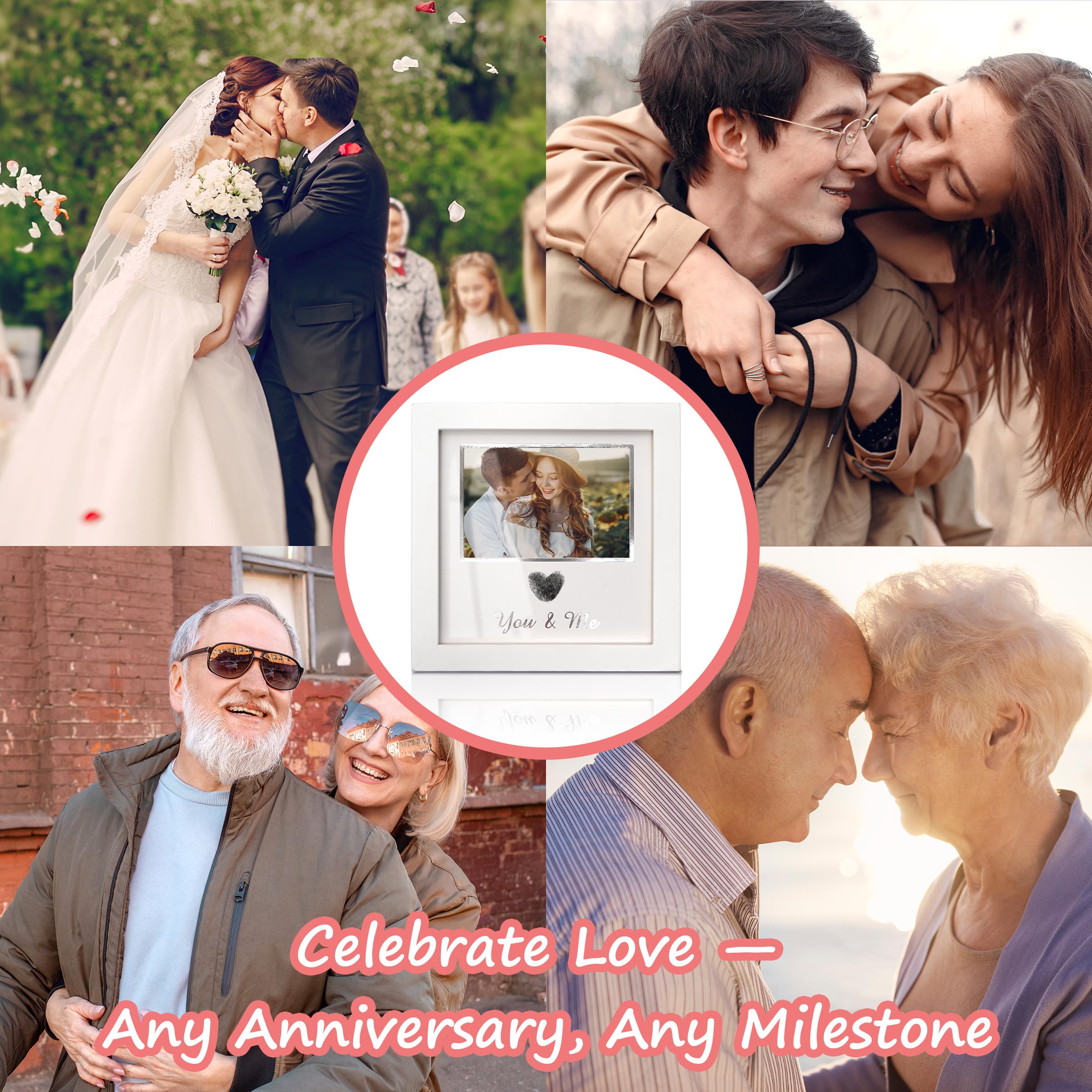 You & Me Thumbprint Picture Frame with Ink Kit, Anniversary Wedding Gifts for Couples, Fingerprint Heart Photo Frame for Wedding, Engagement, Bridal Shower, Wedding Anniversary & Valentine’s Day Gift(White)