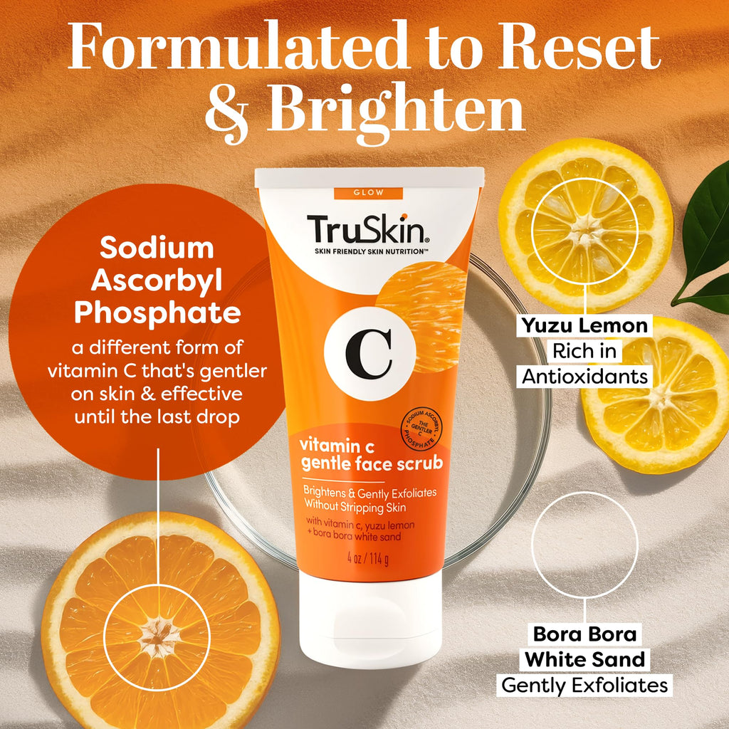 TruSkin Vitamin C Face Scrub & Face Exfoliator - Brightening Facial Scrub with Bora Bora White Sand & Yuzu Lemon - Smooths Texture and Reveals Softer-Looking Skin, 4 fl oz