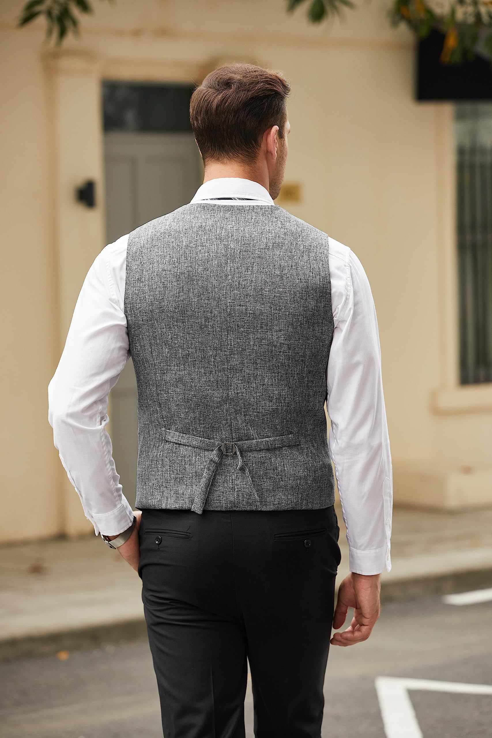 COOFANDY Men's Herringbone Tailored Waistcoat Single Breasted Classic Dress Vest Grey Large