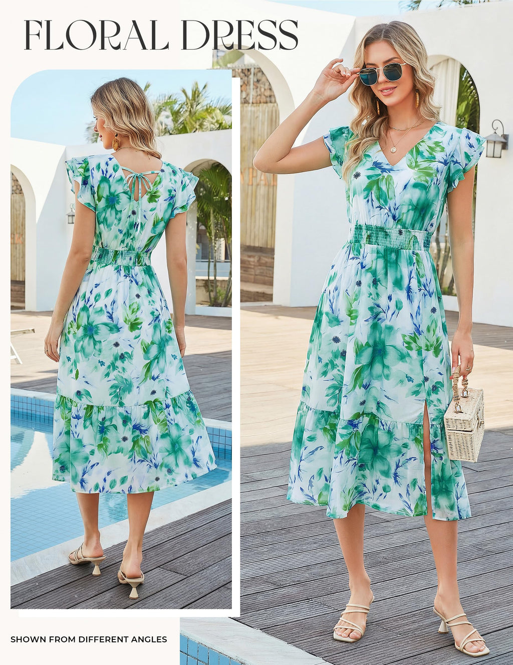 GRACE KARIN 2026 Womens Summer Dresses V Neck Ruffle Sleeve Floral Boho Beach A-Line Dress Green-Floral Print X-Large