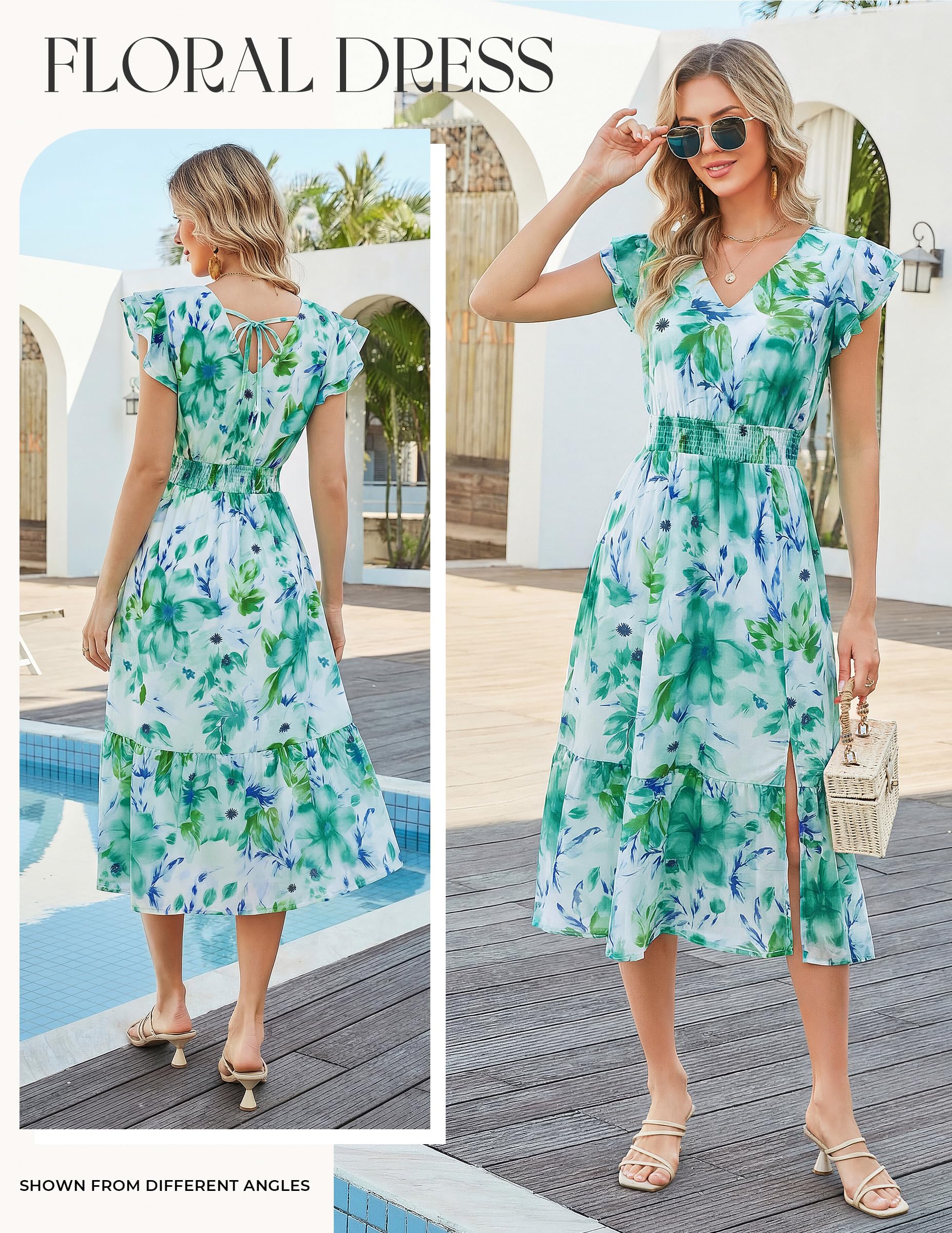 GRACE KARIN 2026 Womens Summer Dresses V Neck Ruffle Sleeve Floral Boho Beach A-Line Dress Green-Floral Print X-Large