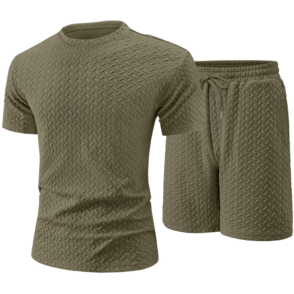 UOUA Mens Summer Outfits 2 Piece Short Set Casual Track Suits Matching Crew Neck Shirt and Vacation Shorts ArmyGreen M