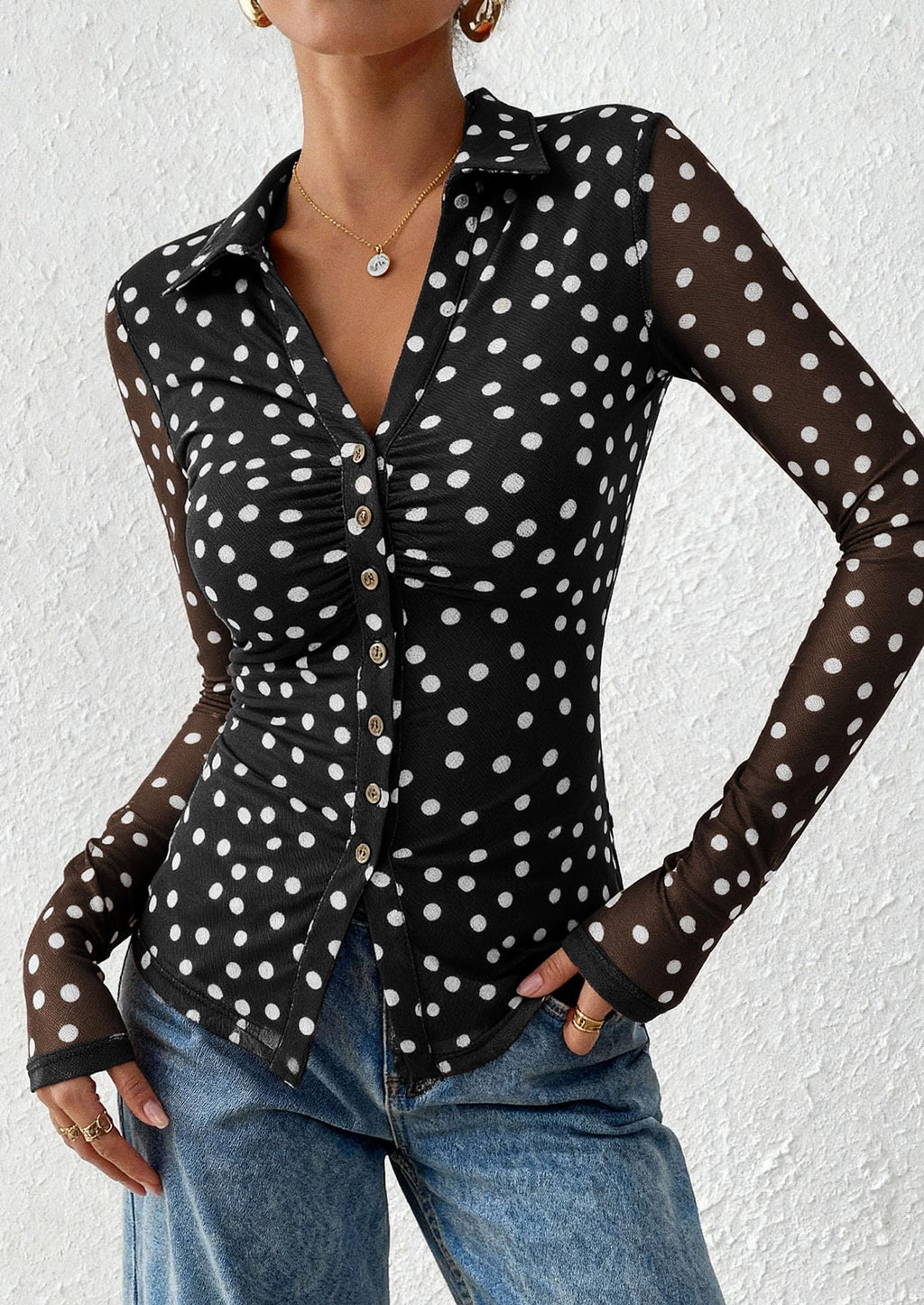 PRETTYGARDEN Women Button Down Floral Shirts 2026 Fall Trendy Long Sleeve V Neck Mesh Boho Blouse Spring Tops Date Outfits (01 Dot Black White,Large)