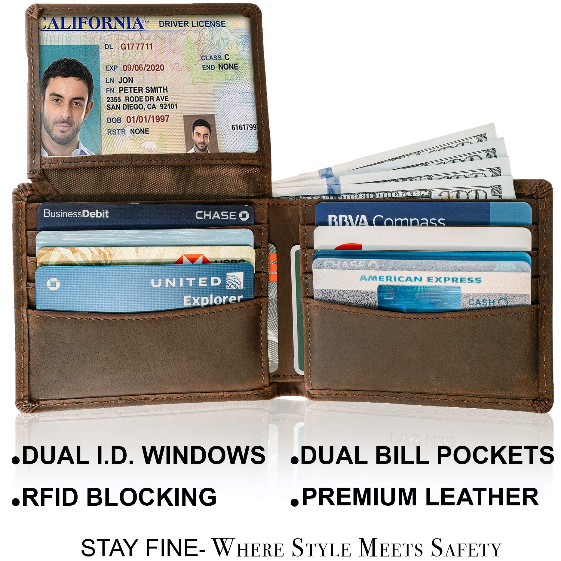 Top Grain Leather Wallet for Men | RFID Blocking | Extra Capacity Bifold Wallet with 2 ID Windows | Ultra Strong Stitching | Slim Billfold with 8 Card Slots | Gift for Him