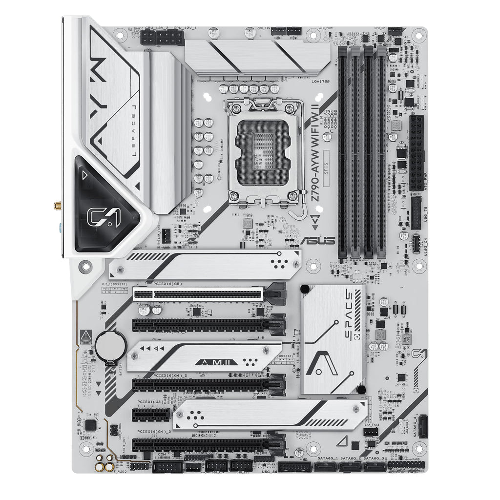 ASUS Z790-AYW WiFi W II Intel Z790 (LGA 1700) ATX Motherboard with PCIe® 5.0, 3X M.2, 12+1 DrMOS, DDR5, WiFi 6, 2.5Gb LAN, HDMI, USB 10Gbps Type-C®, USB 10Gbps Type-C®, Thunderbolt™, USB4®, Aura Sync