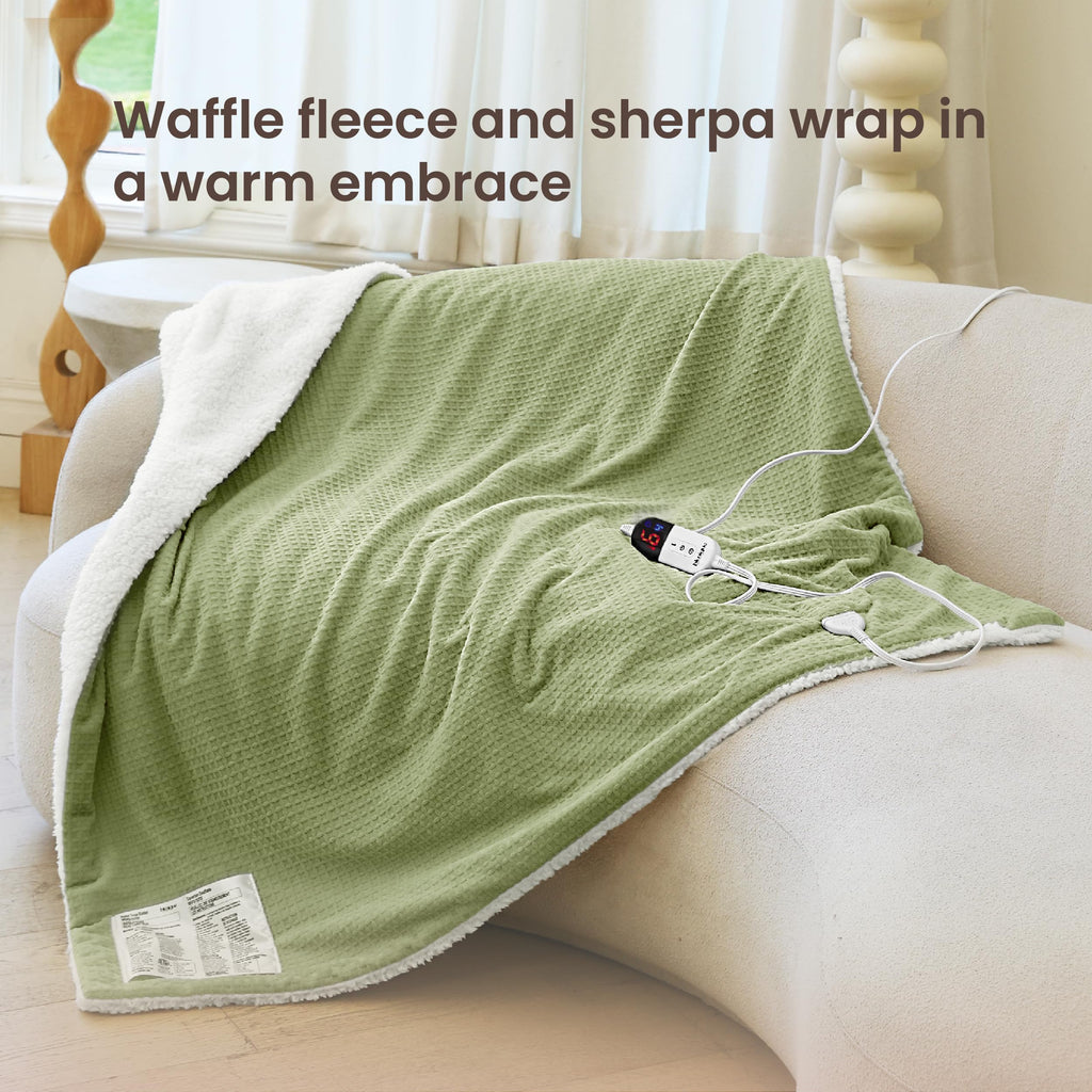 blunique Heated Blanket Electric Throw Waffle, 50x60 Inches Sherpa Fleece Fast Heating Blanket 6 Heating Levels & 4 Hours Auto Off ETL Certification, Sage Throw