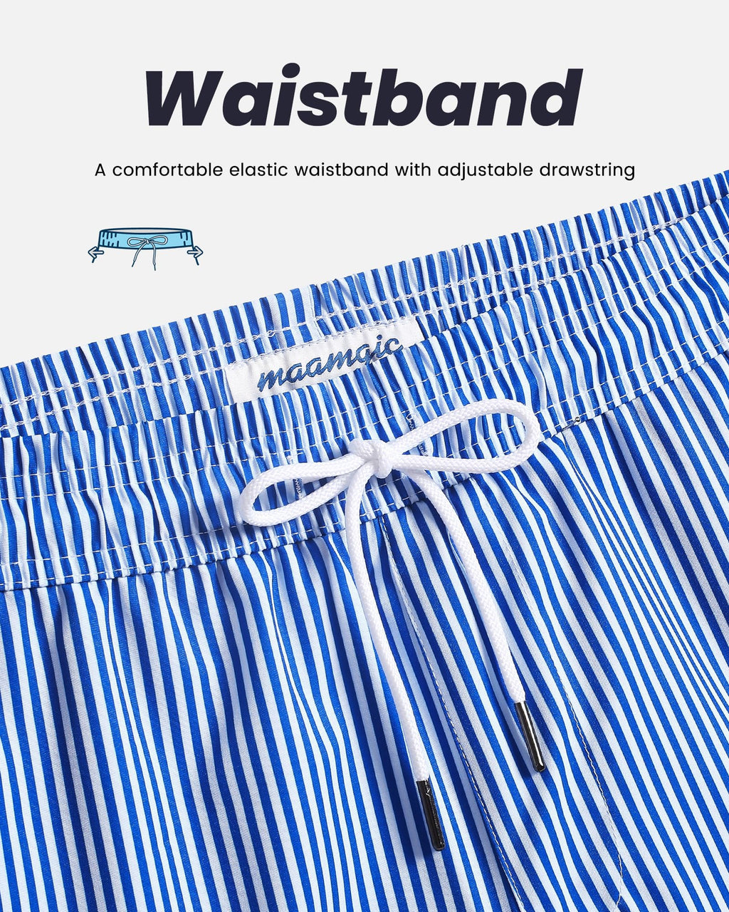maamgic Mens Swim Trunks with Compression Liner 5 Inch, Quick Dry Bathing Suit with Zipper Pockets, Stretch No-Chafing Swim Shorts, Blue White Stripe Large