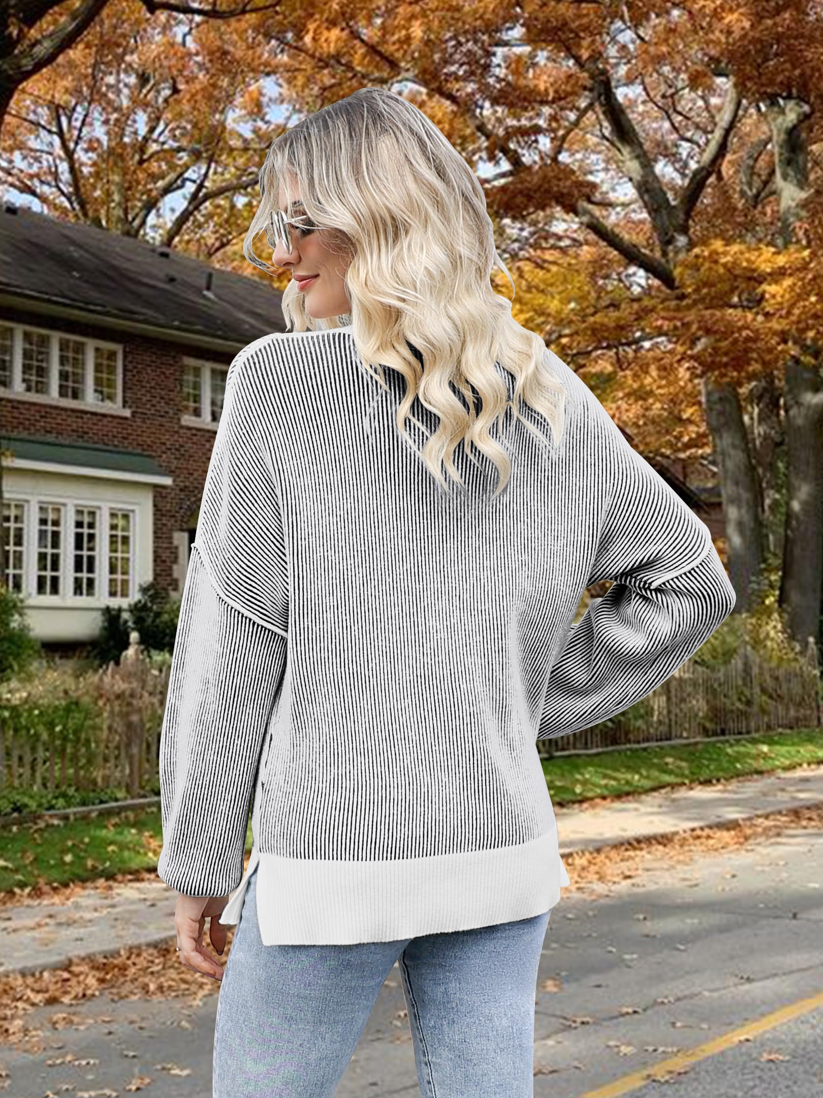 Disamer Womens Sweaters 2026 Fall Clothes Batwing Long Sleeve Striped Knit Pullover Tops Fashion Outfits Oversized Sweater,Pure Black,Large