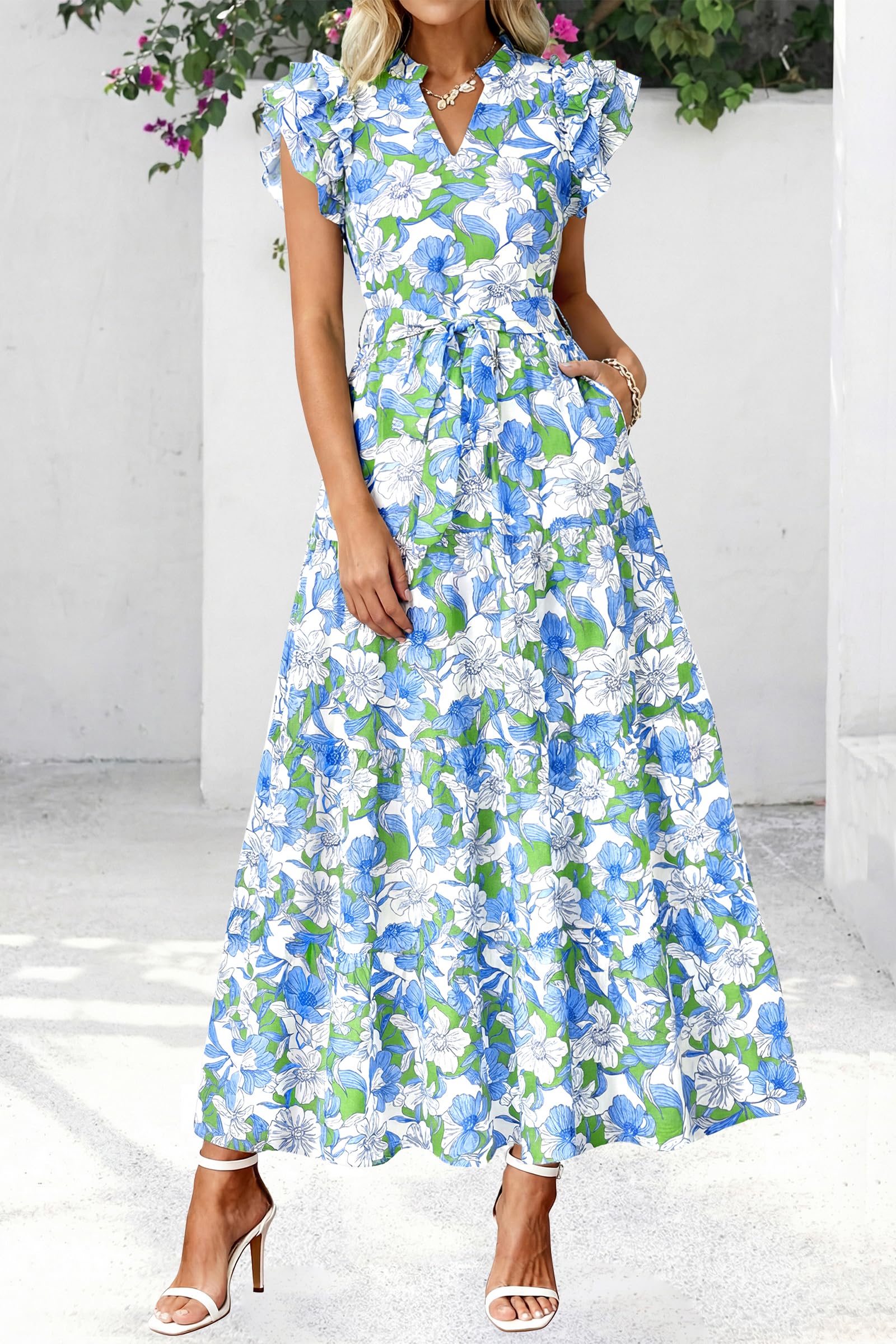 dowerme Women Summer Maxi Dresses 2026 Ruffle Sleeve V Neck Floral Boho Long Dress Belted Tiered Sundress with Pockets(Floral White Multicolored,Small)