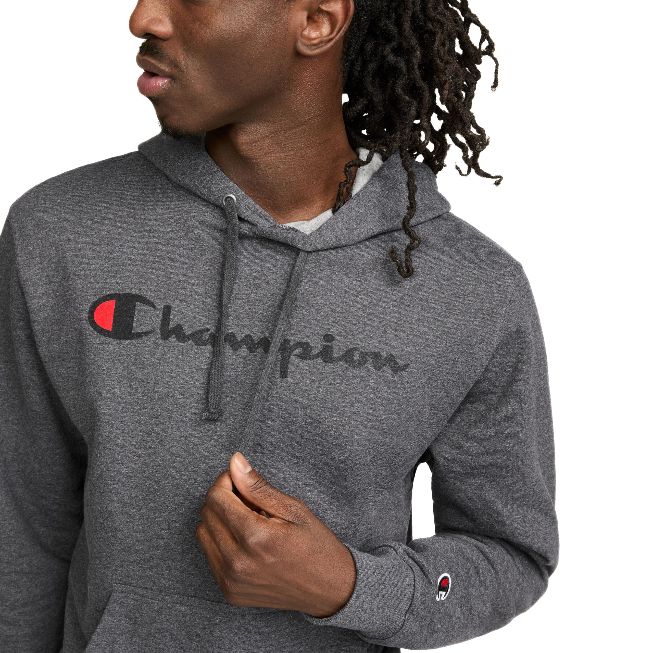 Champion Men's Pullover Graphic Fleece Hoodie, Standard Fit, Midweight Fleece, Classic Script Logo, Available in Regular and Big & Tall, Granite Heather, Large