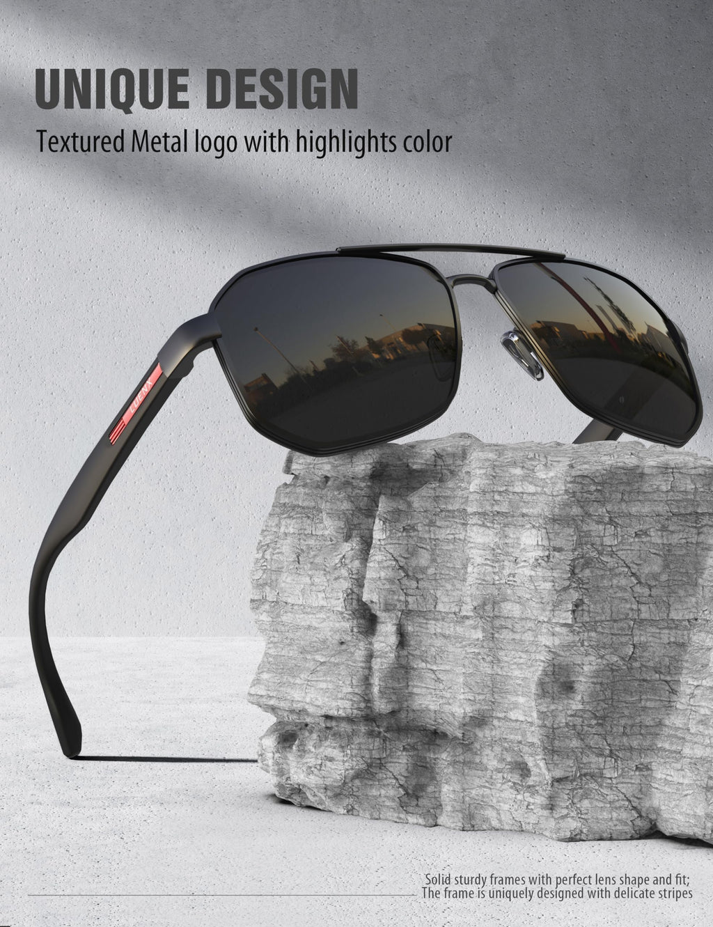 LUENX Aviator Sunglasses for Men Square Polarized Polygon Lens - UV 400 Protection with Accessories Driving Outdoor 61MM Black Lens